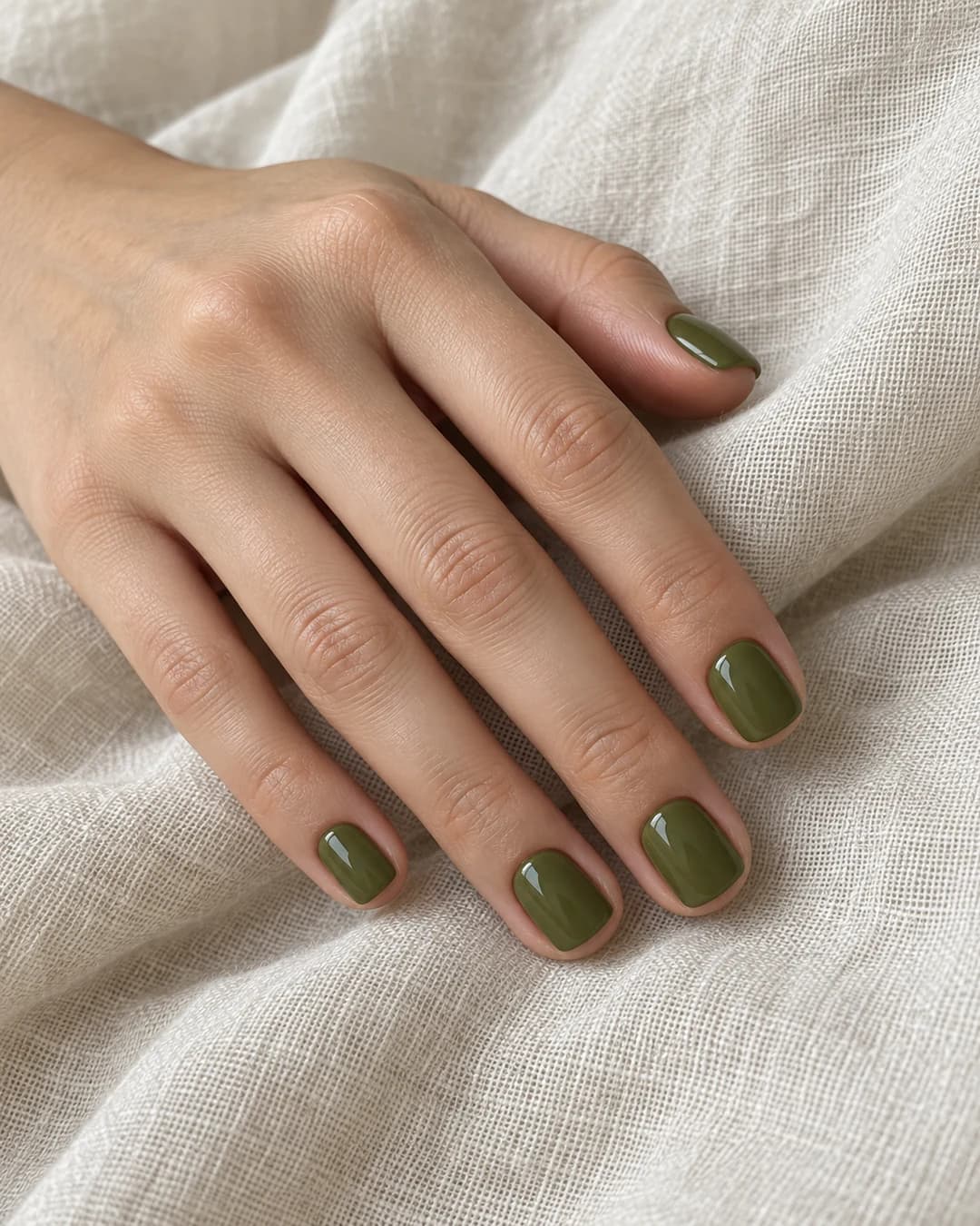 Mano adulta de piel clara con uñas cortas cuadradas esmaltadas en verde oliva brillante.