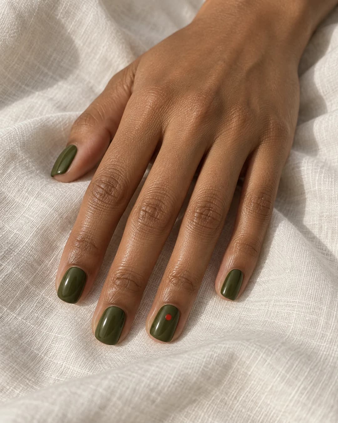 Mano adulta de piel marrón profunda con uñas cortas verde oliva y un punto rojo en el anular.