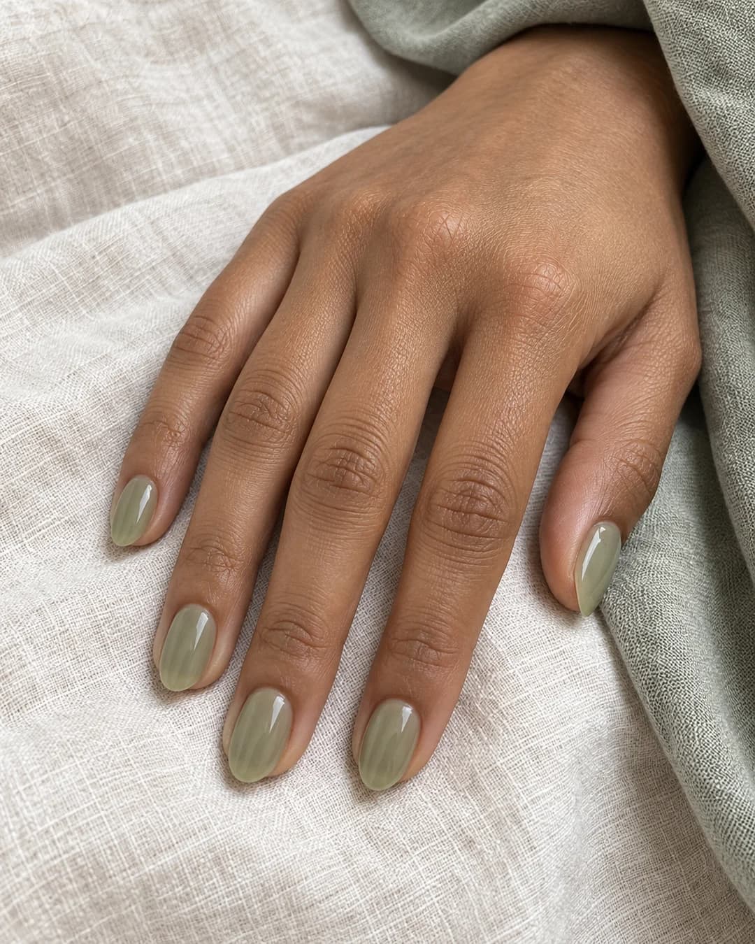 Mano de piel marrón media con uñas almendradas cortas en matcha salvia lechoso translúcido.
