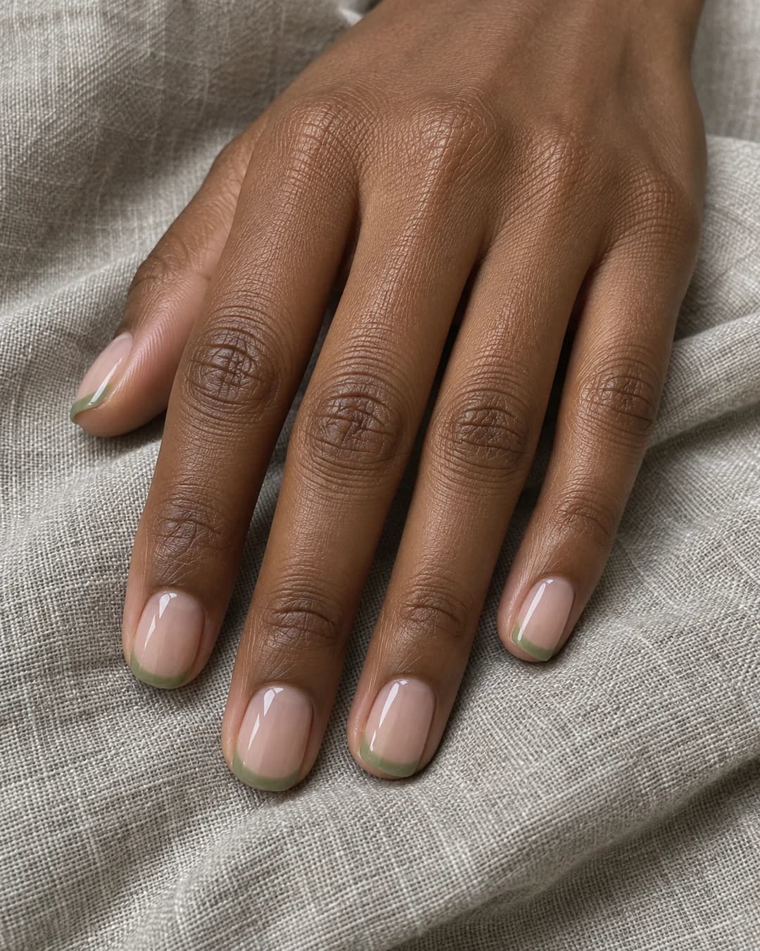 Mano de piel marrón oscura con uñas squoval cortas en nude lechoso y puntas francesas verde salvia.