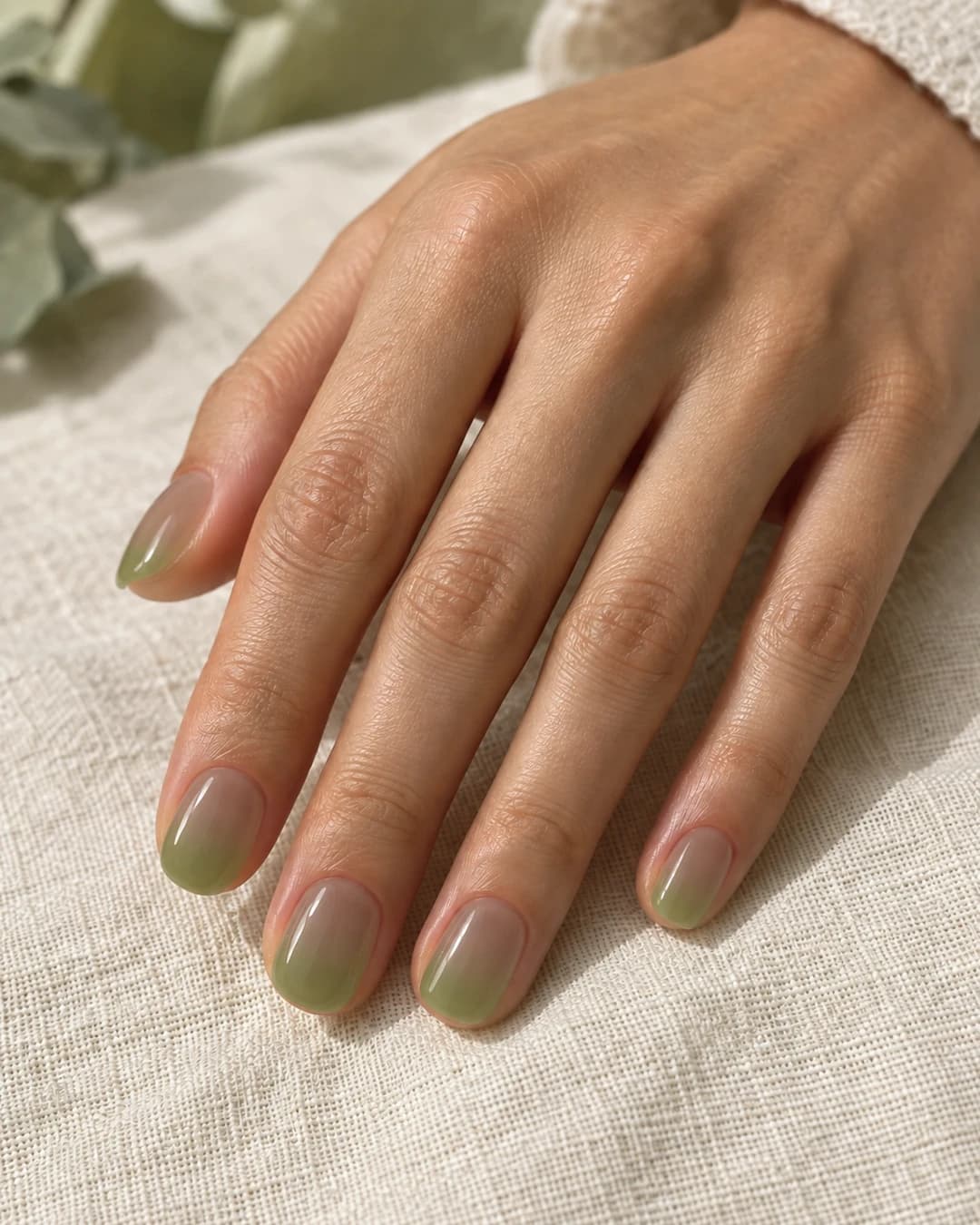 Mano con uñas cortas en matcha verde salvia translúcido y brillante, con el tono natural visible bajo el esmalte.