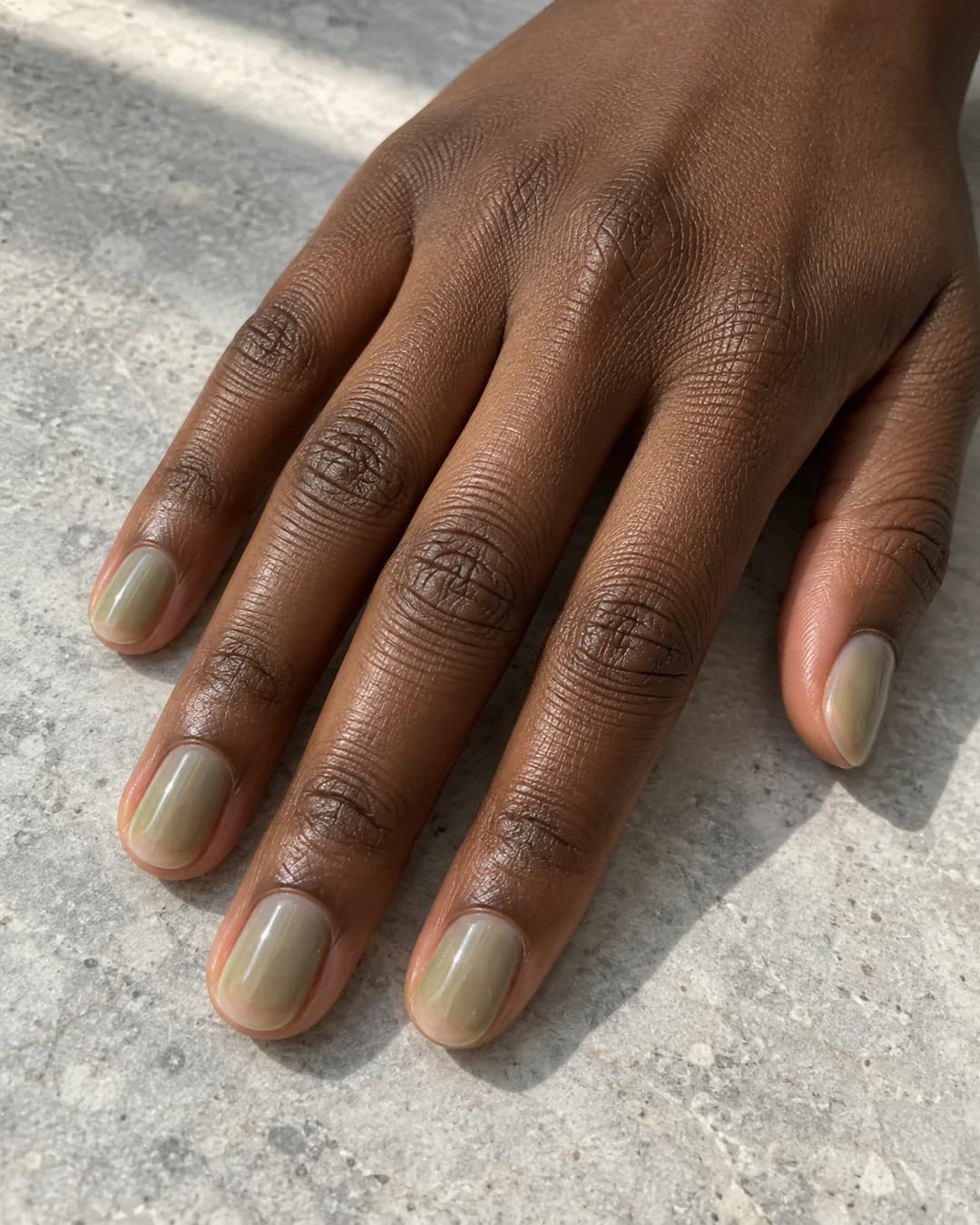 Mano de piel marrón oscura con uñas ovaladas cortas en matcha salvia translúcido.