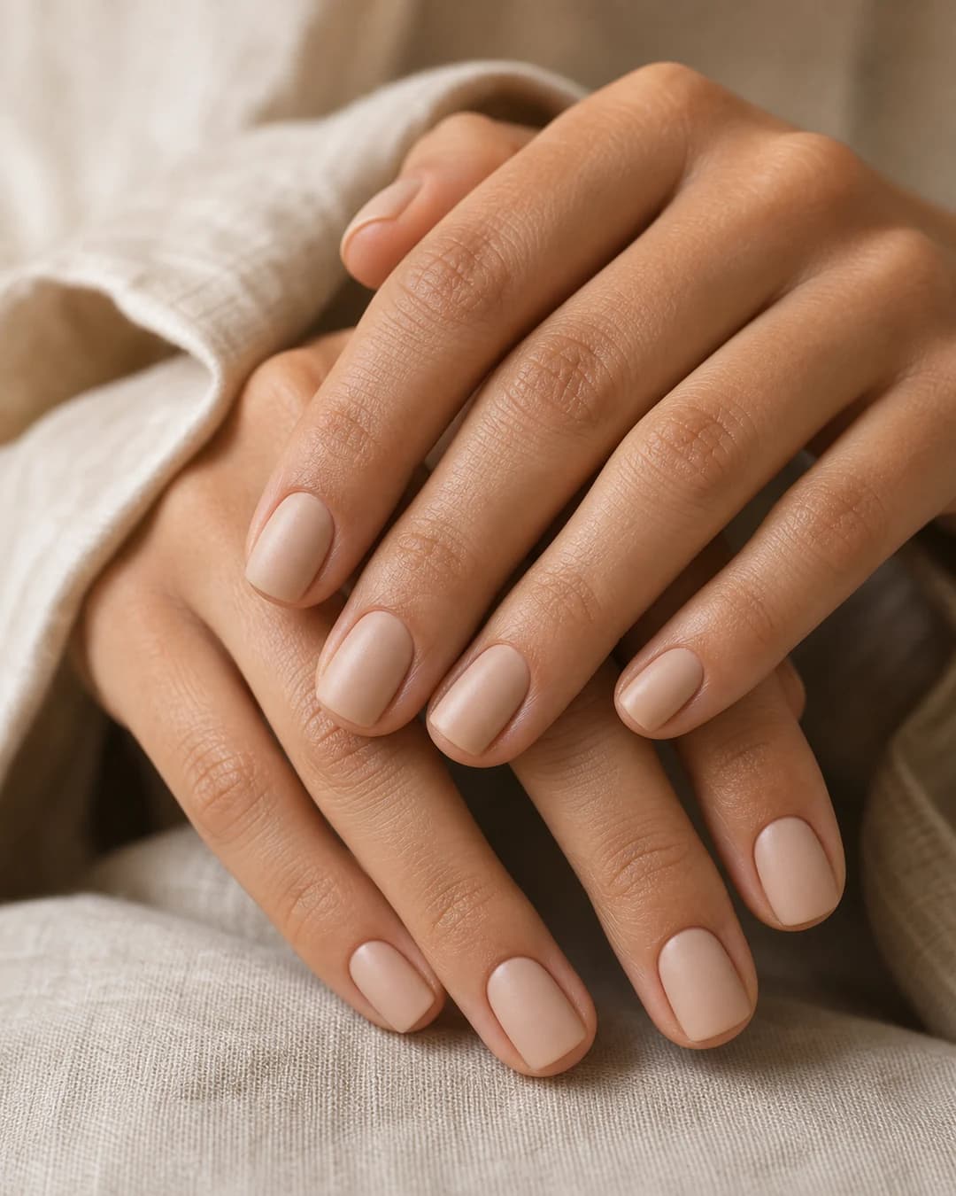 Uñas cortas cuadradas soft en nude piel cremoso con acabado mate satinado old money