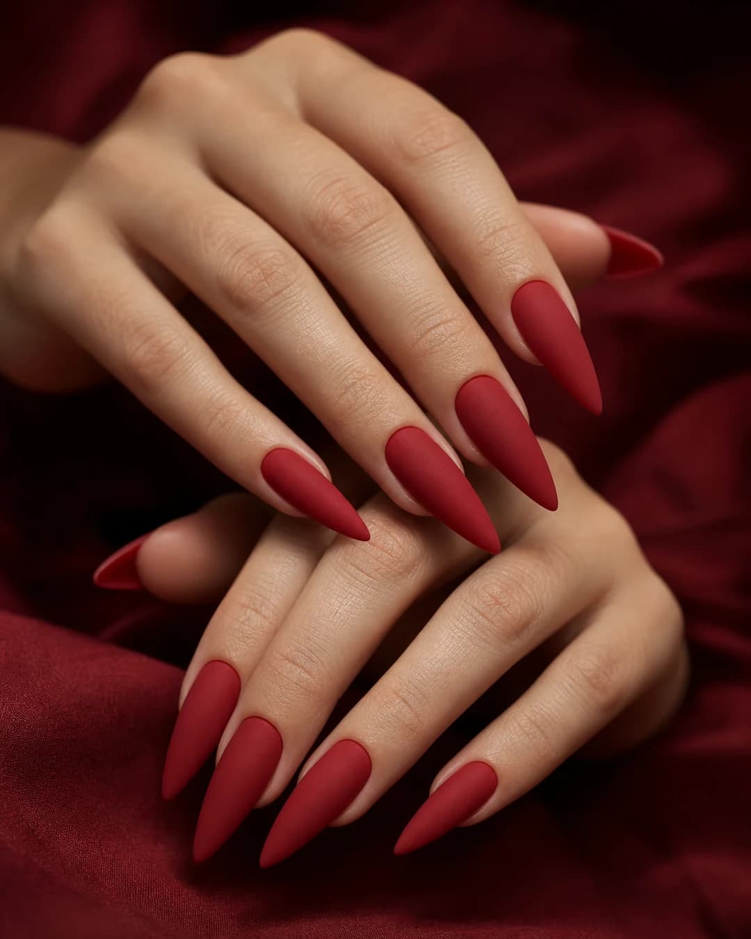 Uñas stiletto largas en rojo cereza saturado con acabado mate aterciopelado