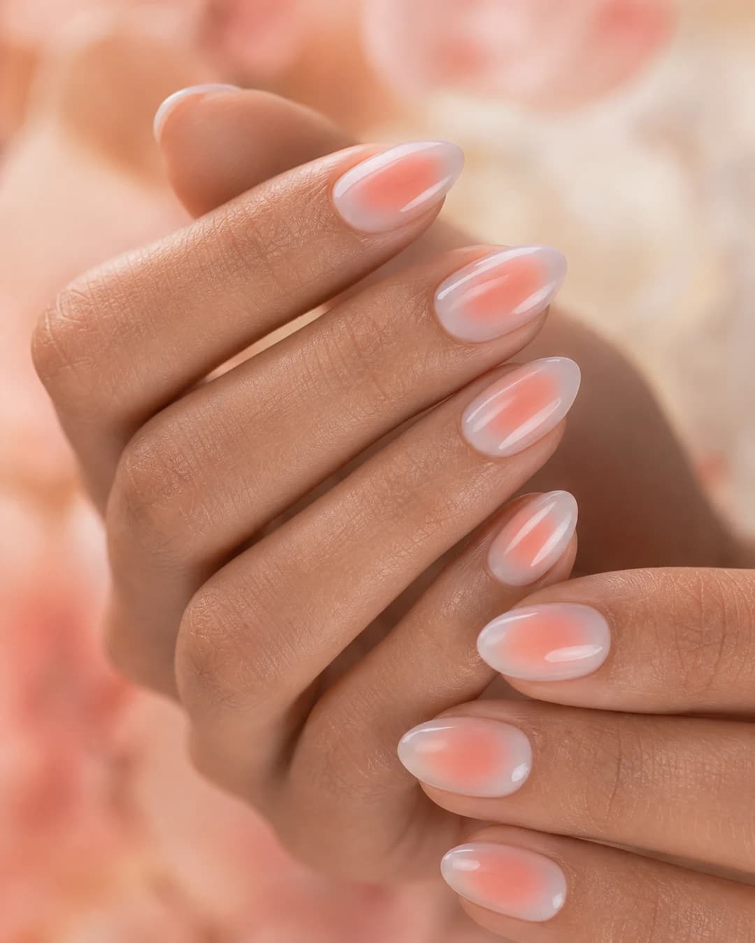 Uñas aura con degradado radial melocotón blush sobre milky
