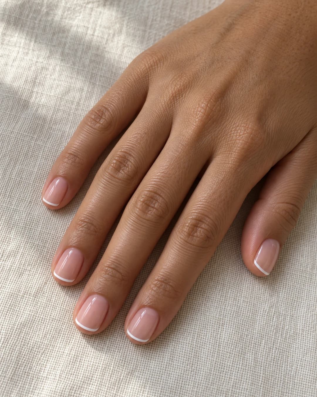 Uñas cortas cuadradas de esquinas suaves con una línea blanca ultrafina sobre base nude rosa.