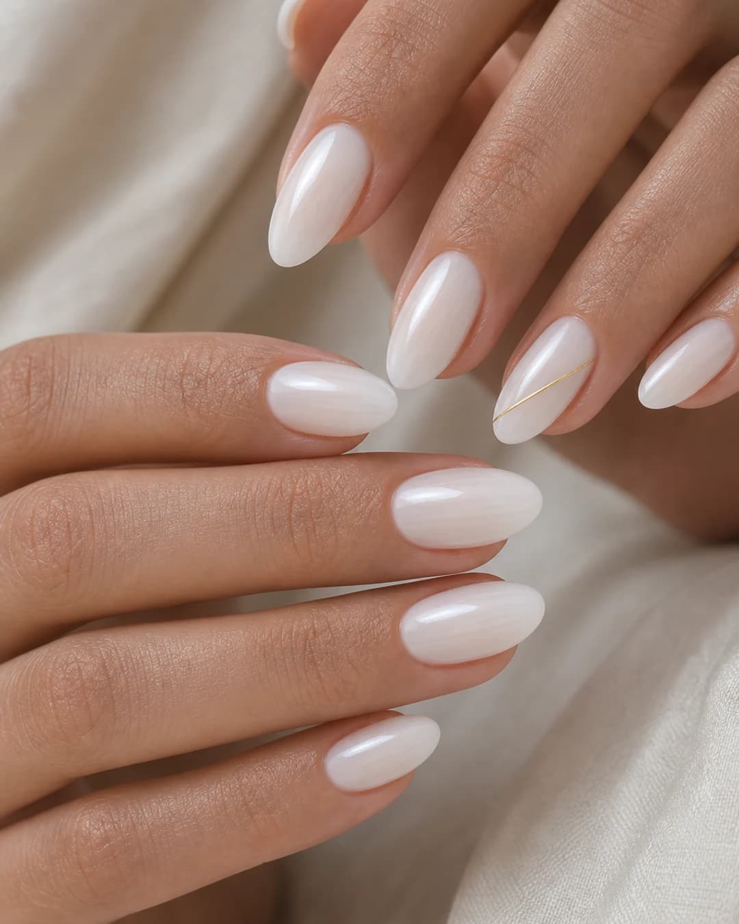 Uñas lechosas con una micro línea diagonal dorada en el anular