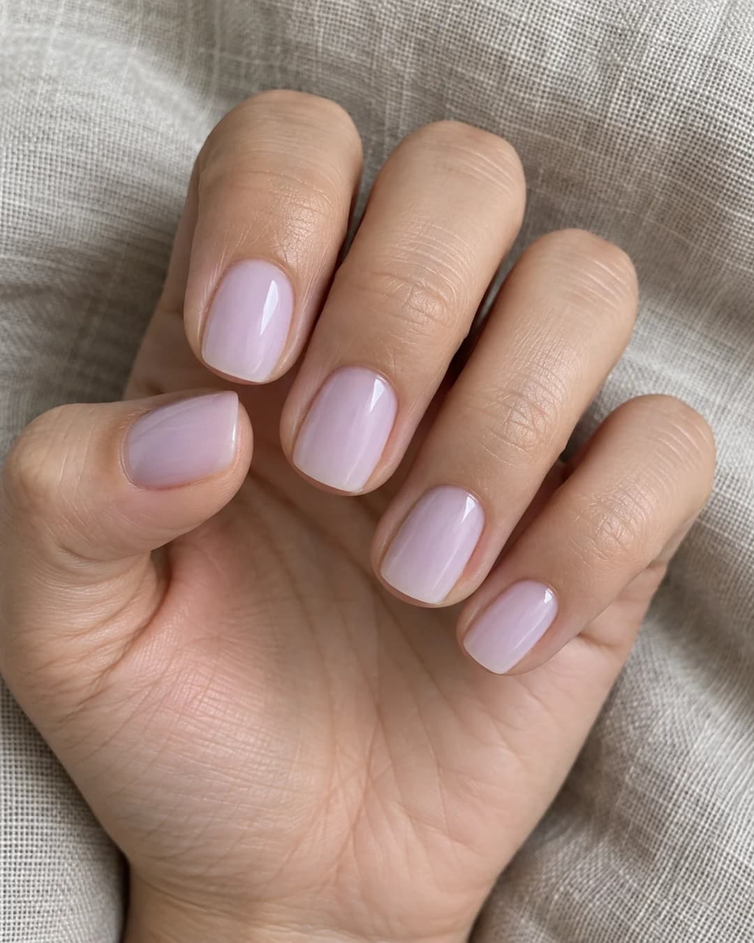 Mano adulta de piel clara con uñas squoval cortas en lavanda lechoso cremoso y brillante.