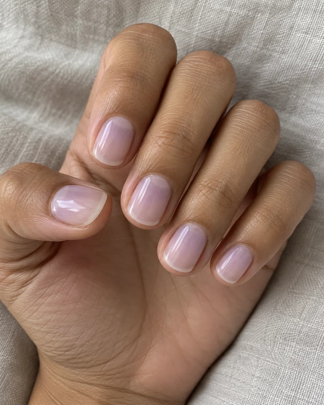 Mano adulta de piel oliva media con uñas squoval cortas y un velo translúcido lavanda lechoso.