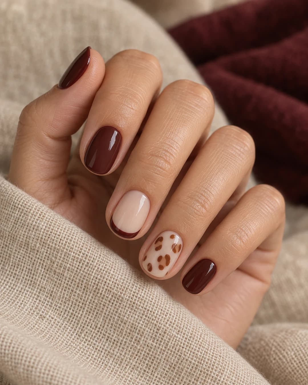 Mano con uñas cortas en borgoña cacao, una punta francesa fina y un acento fawn caramelo.