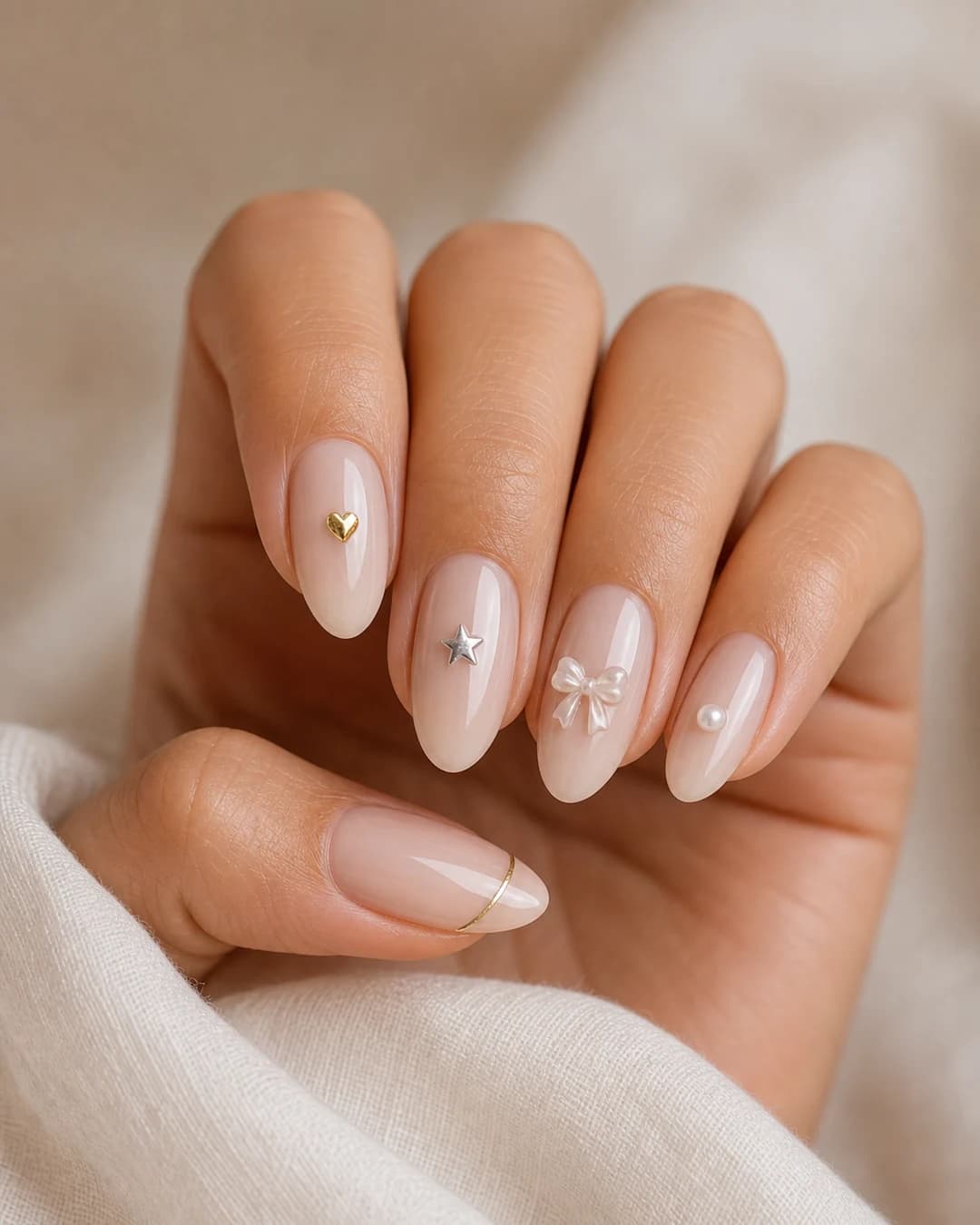 Uñas nude con un detalle distinto pintado en cada uña: corazón, estrella, lazo, perla, microline