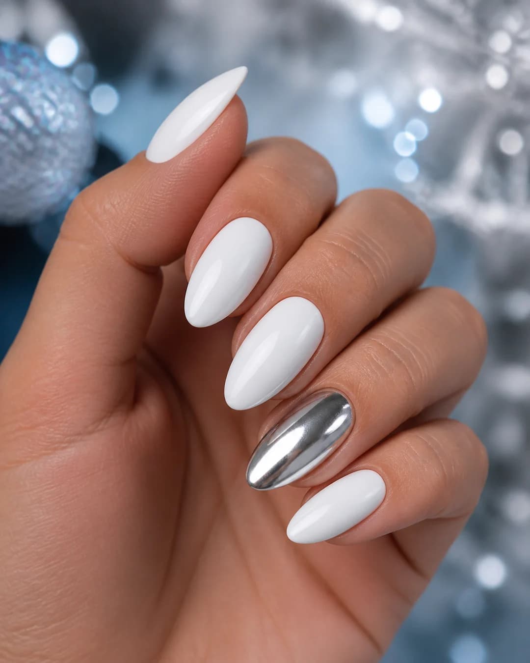 Uñas blancas nieve con acento cromo plata para Navidad