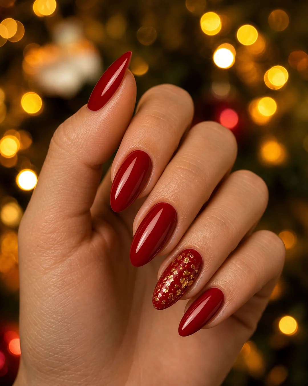 Uñas en rojo cereza con detalle de hoja dorada en el anular para Navidad