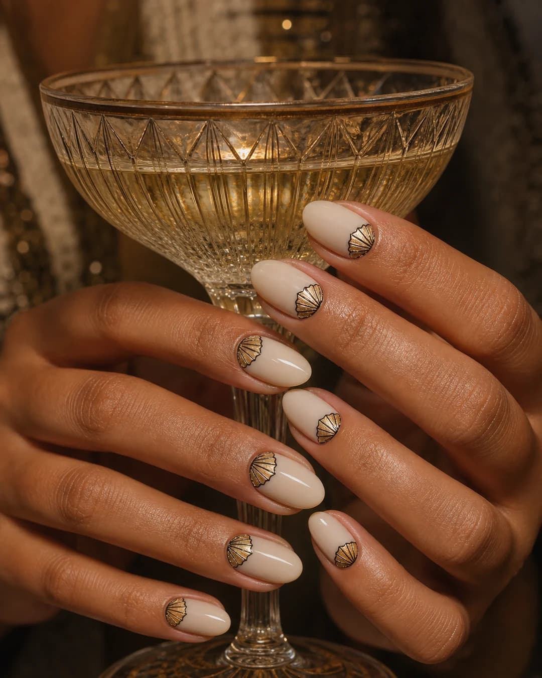 Uñas neo deco con abanicos dorados Art Deco estilo Gatsby en la base