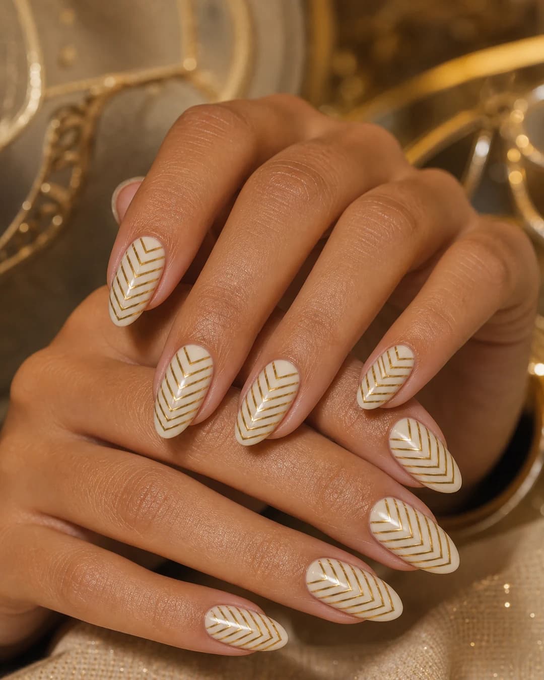 Uñas con chevron en V repetido vertical dorado sobre crema neo deco
