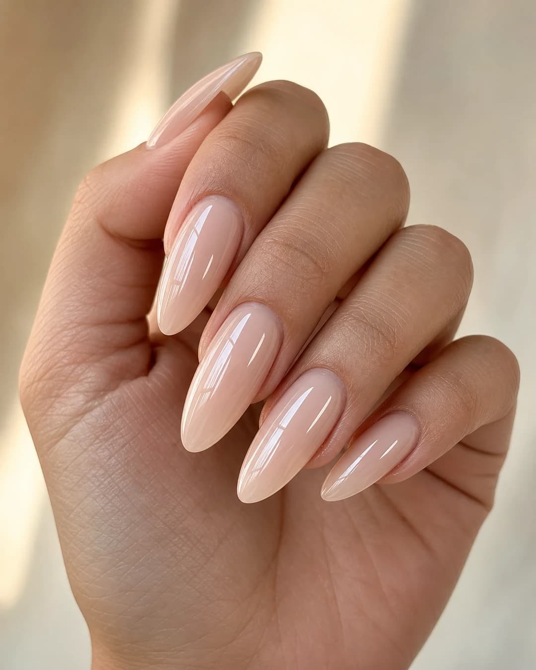 Uñas almendradas largas en nude lechoso con acabado glass cristalino