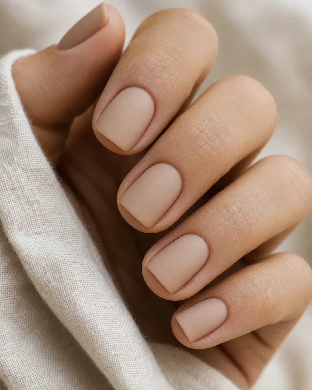 Uñas cortas cuadradas en nude beige con acabado satinado mate suave