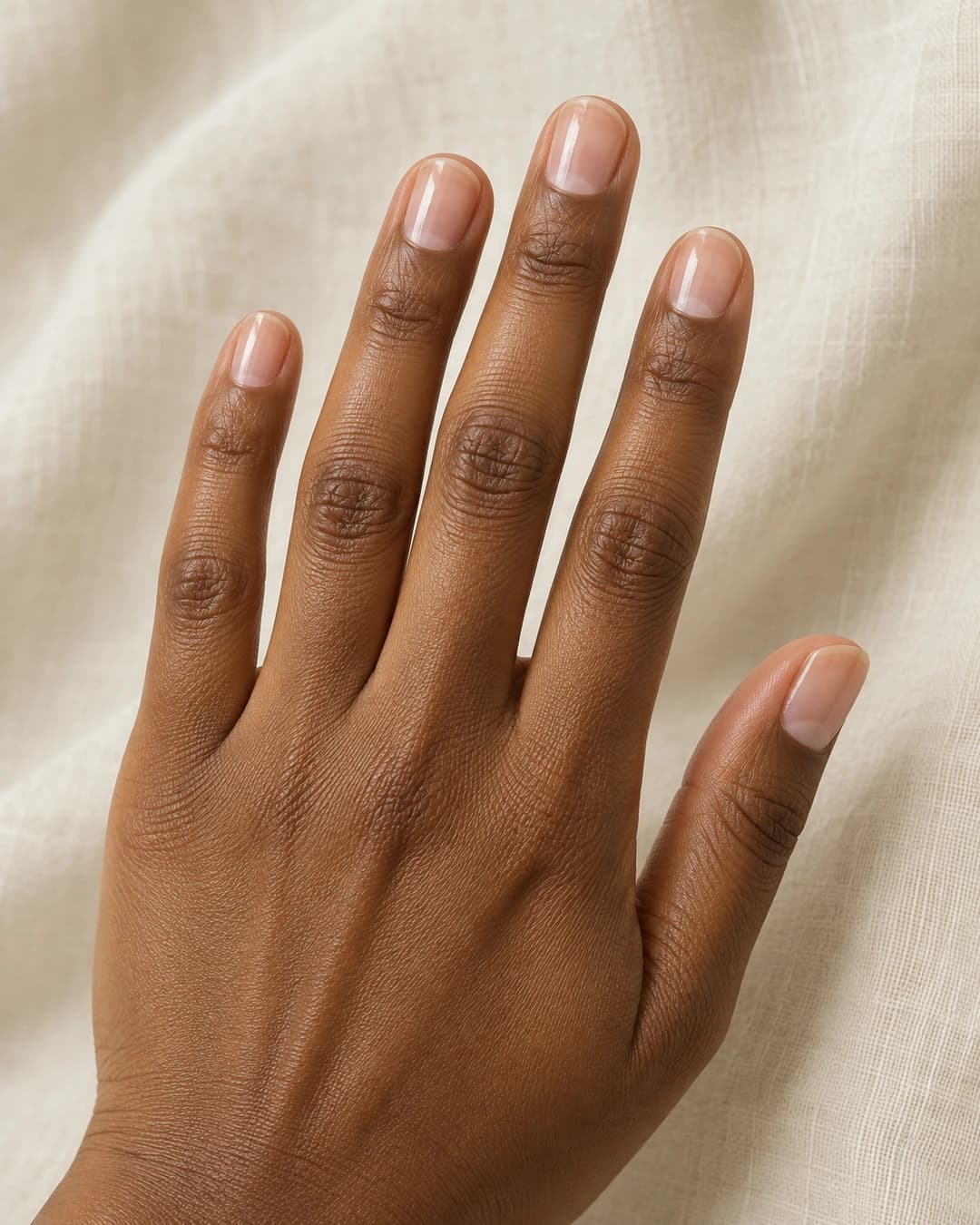 Mano adulta de piel marrón media con uñas naturales muy cortas y redondeadas, brillo transparente y borde libre visible.