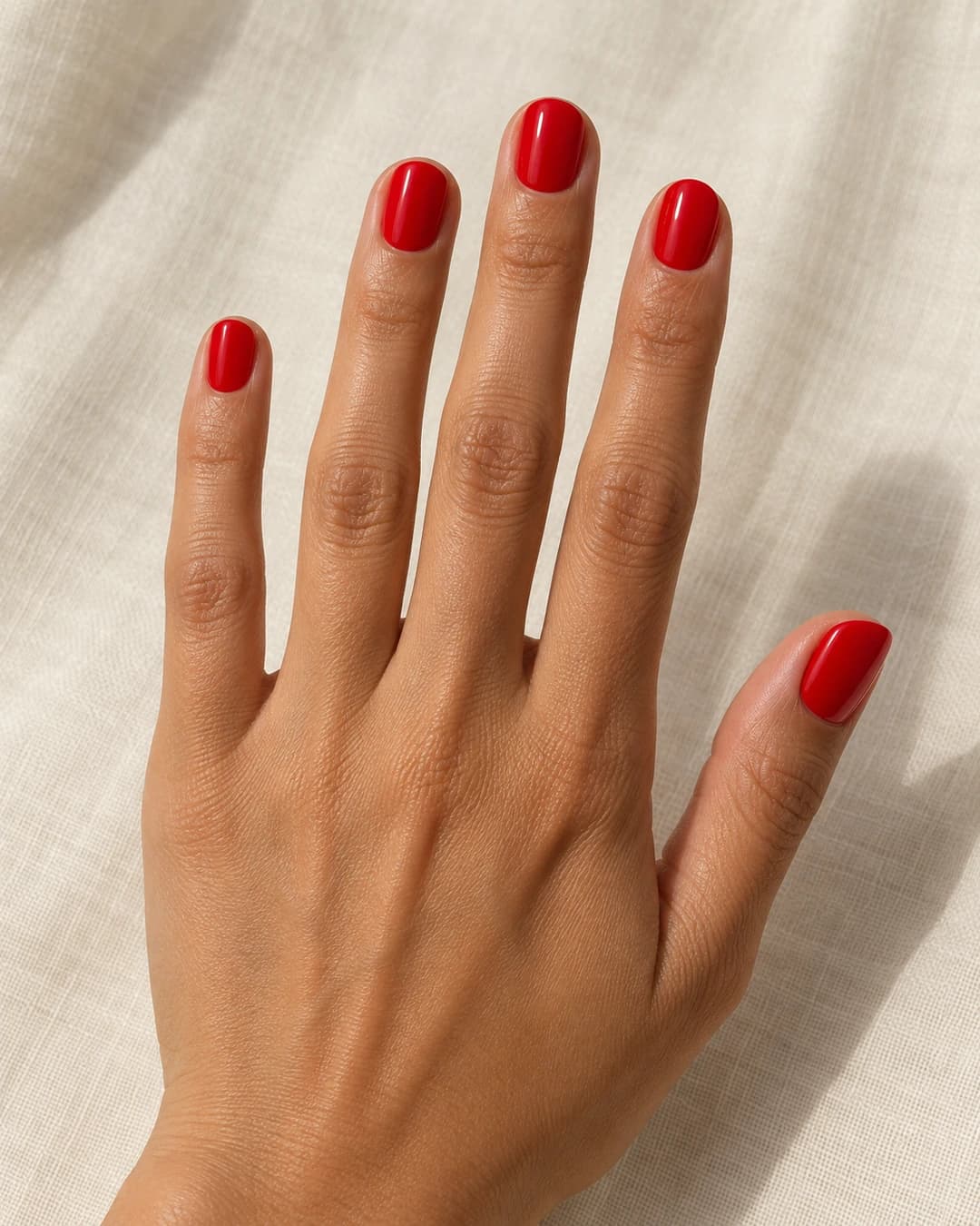 Mano adulta de piel oliva media con uñas cortas redondeadas en rojo clásico brillante.