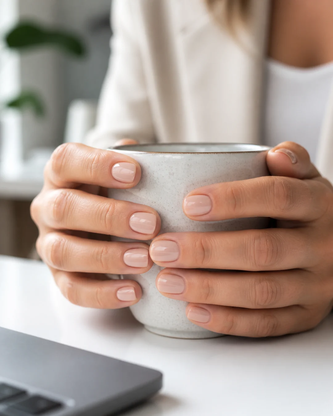 Manicura de oficina con uñas cortas cuadradas en nude clásico