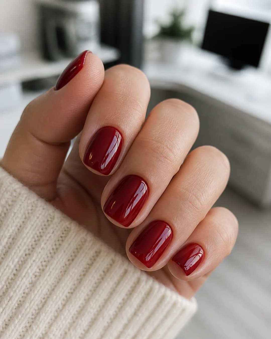 Uñas cortas cuadradas en rojo cereza con acabado glass para oficina