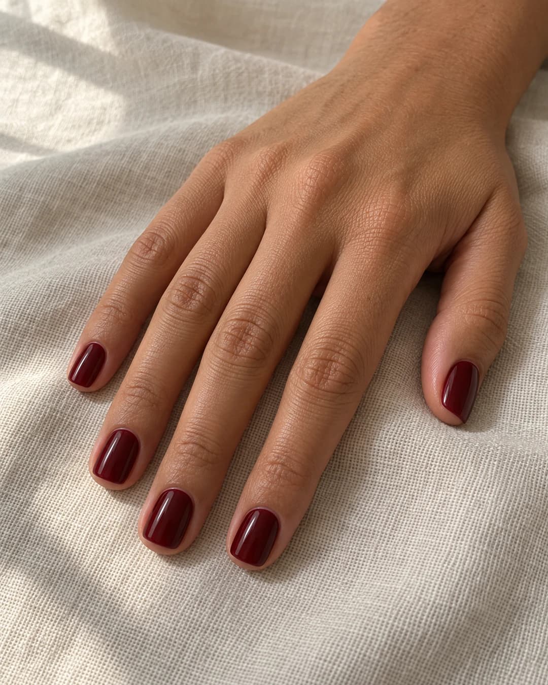 Uñas cortas squoval en granate uniforme con brillo moderado.