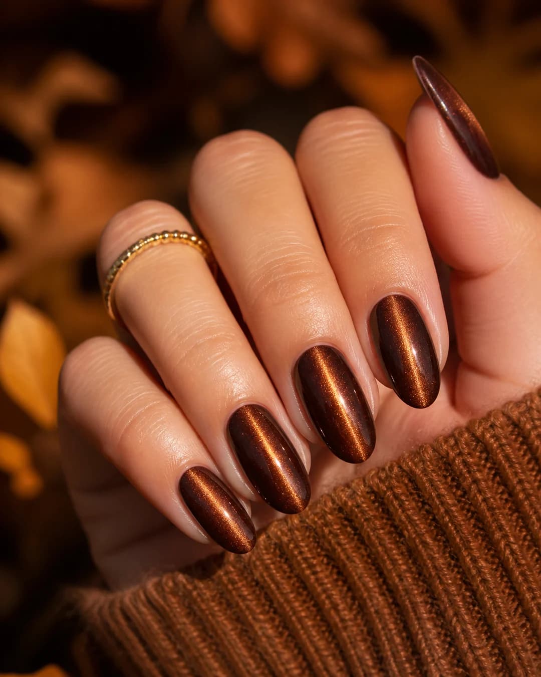 Uñas almendradas en marrón cobre con efecto ojo de gato