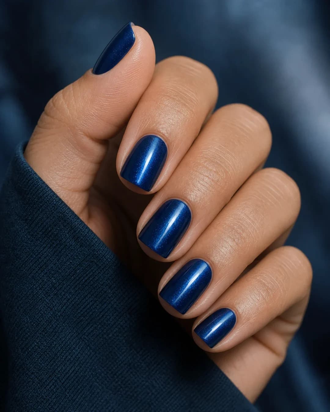 Uñas cuadradas cortas en azul zafiro con efecto ojo de gato