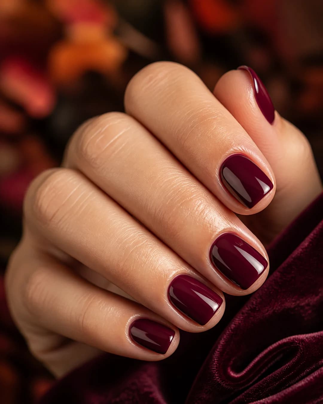Uñas cortas cuadradas en burdeos profundo para otoño