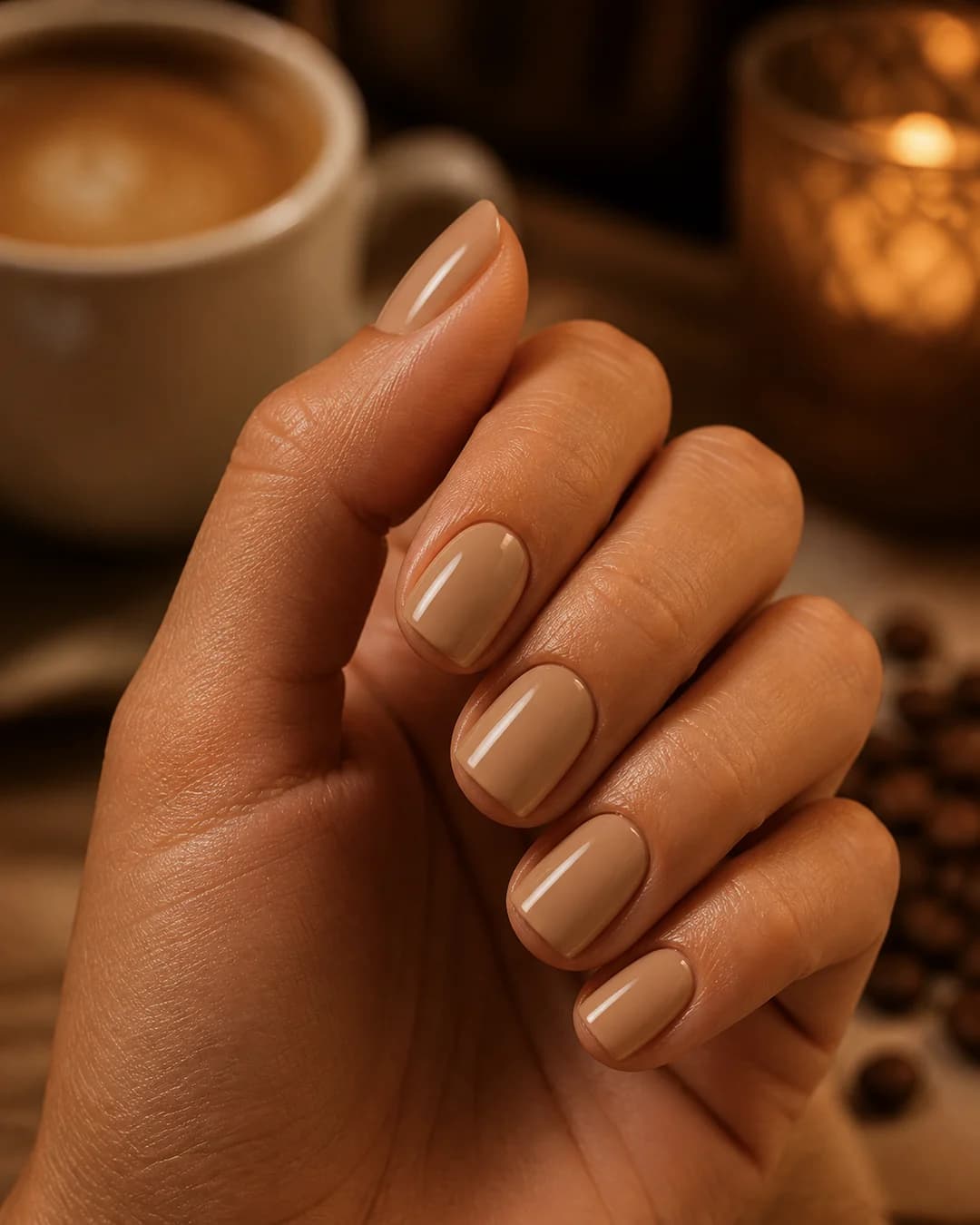 Uñas cortas cuadradas en café con leche suave para otoño