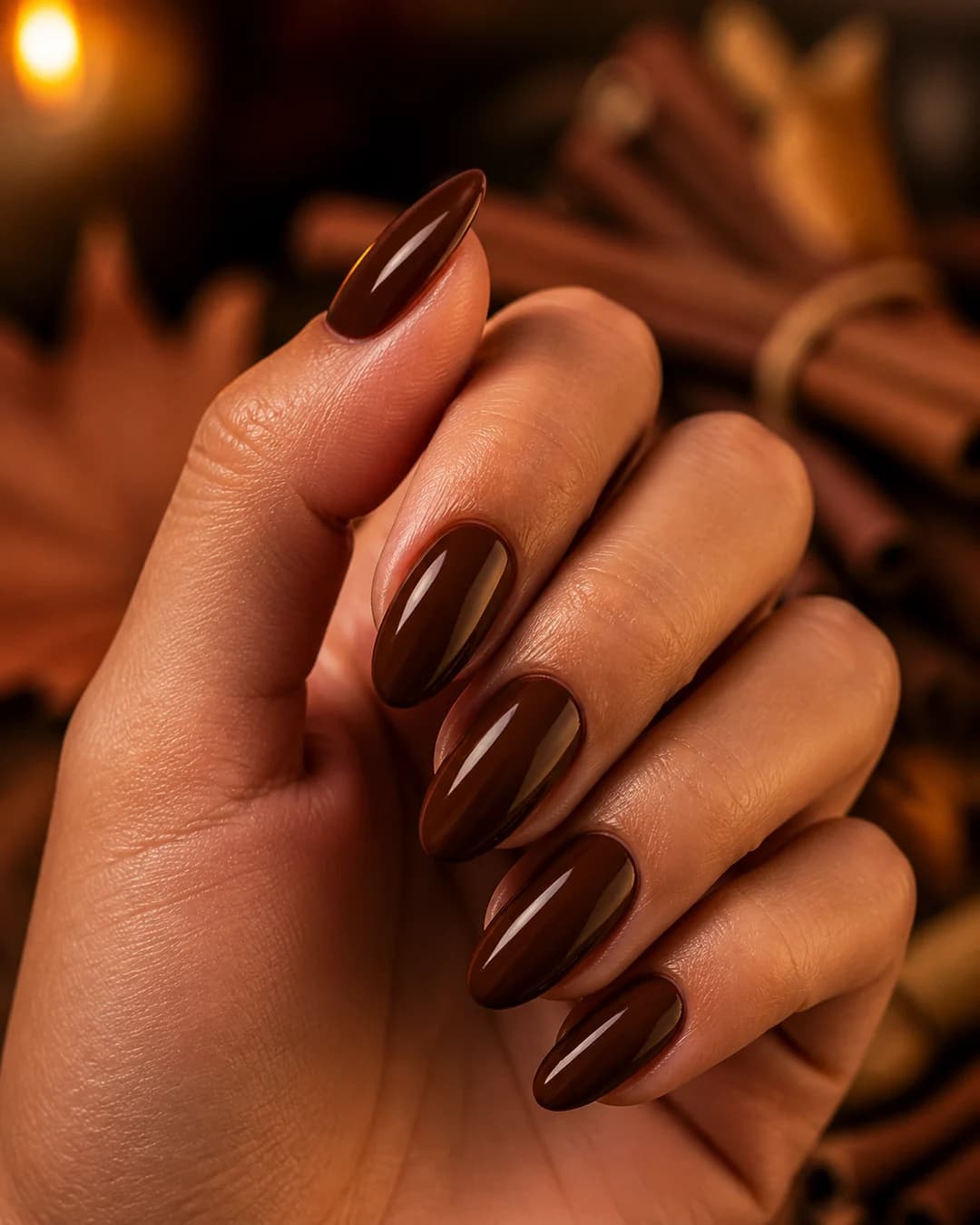 Uñas almendradas en marrón chocolate brillante para otoño