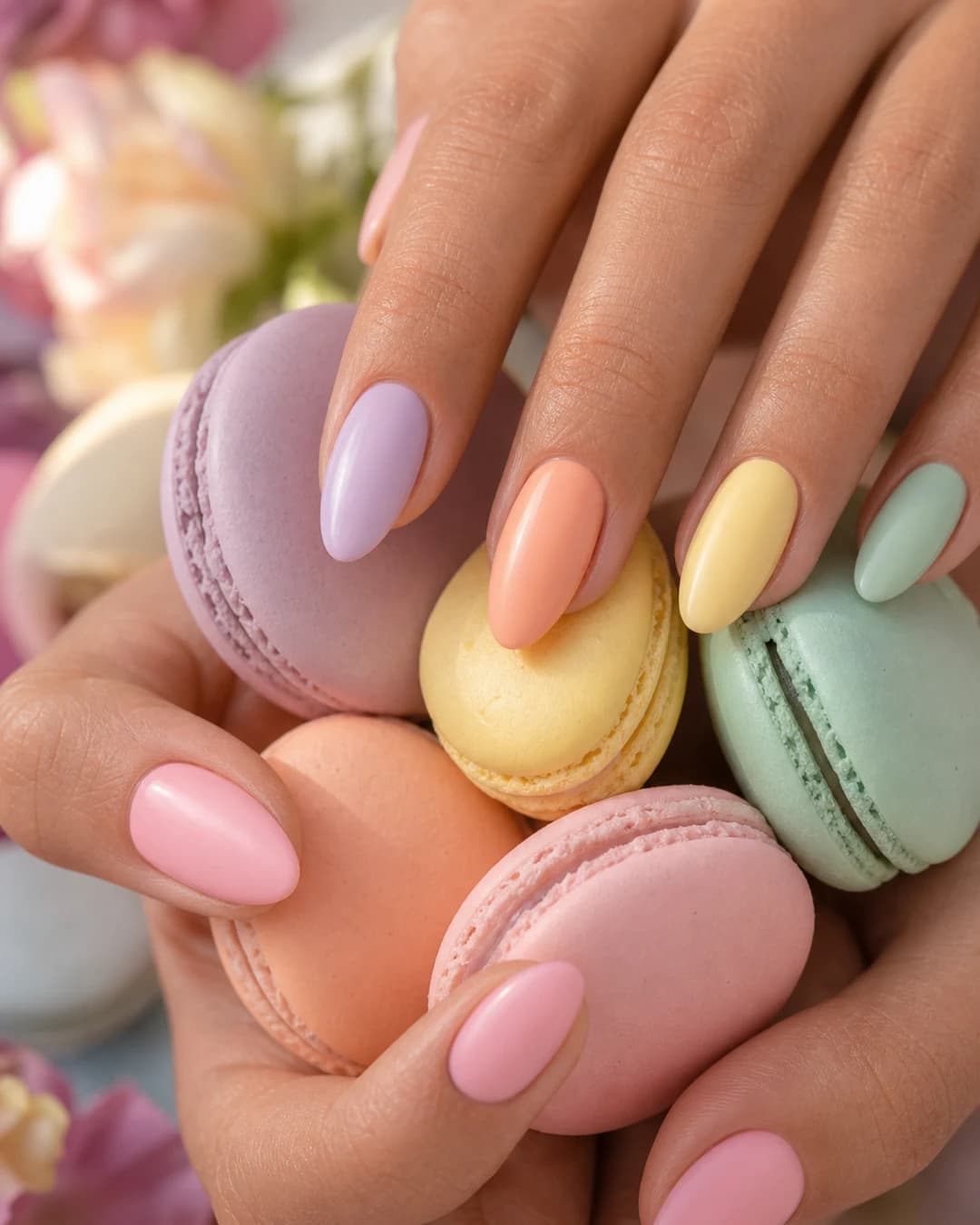Uñas con 5 pasteles distintos: lila, melocotón, butter yellow, menta, rosa