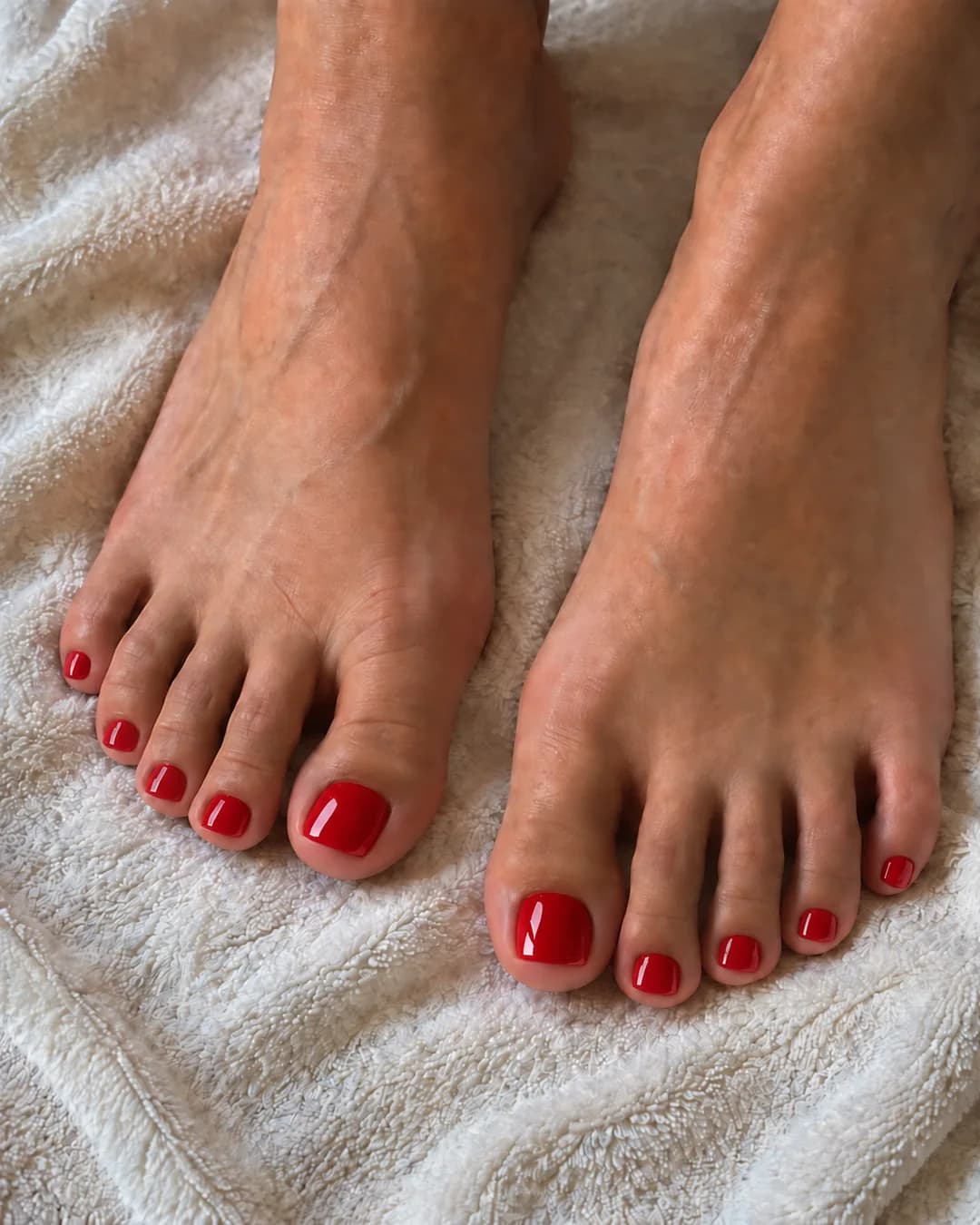 Dos pies de piel oliva media con uñas cortas y cuadradas en rojo cereza brillante, sobre una toalla marfil.