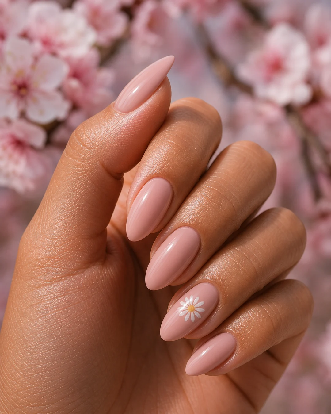 Uñas nude con una flor pintada a mano en el anular para primavera