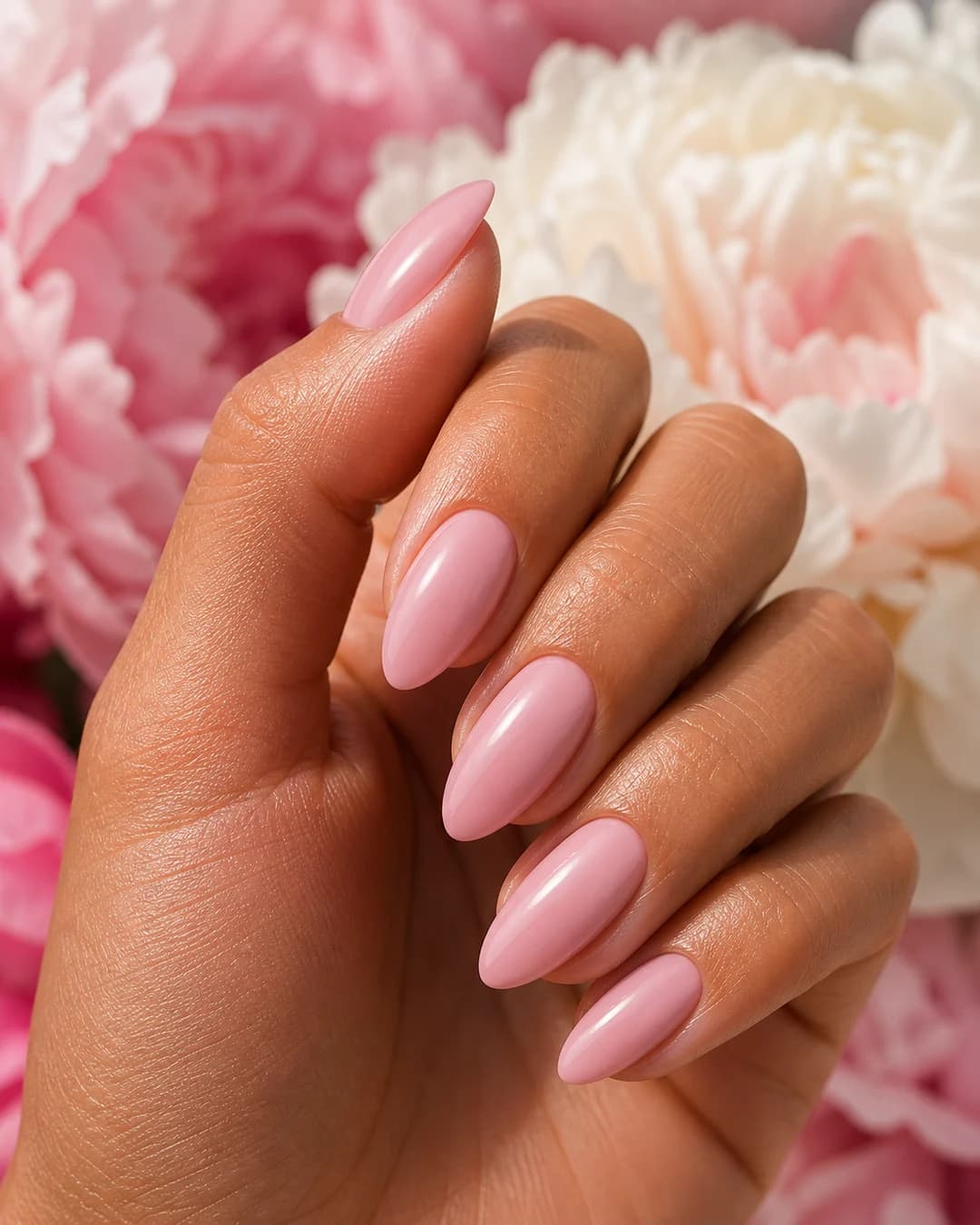 Uñas almendradas en rosa pétalo suave