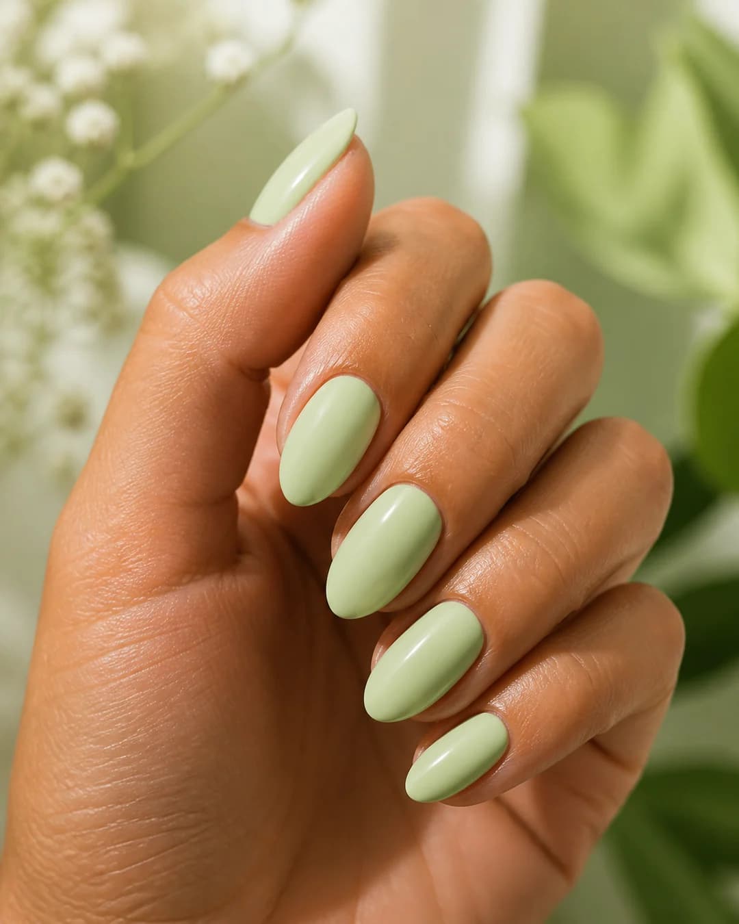 Uñas almendradas en verde pistacho suave para primavera