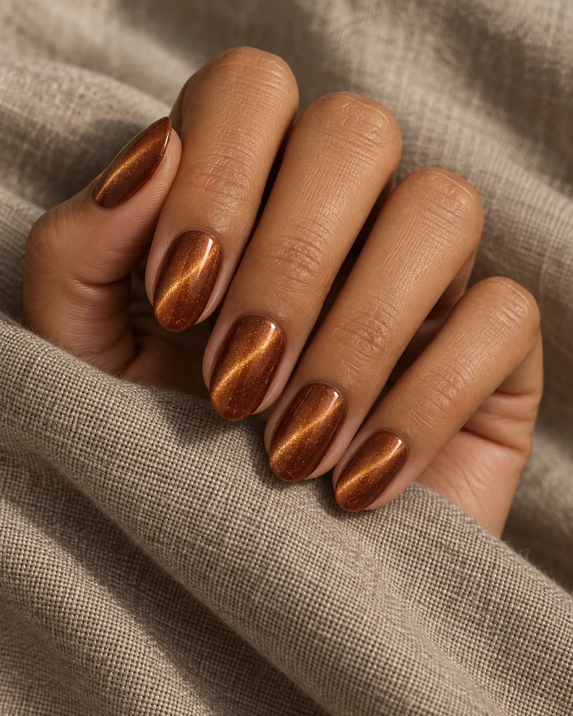 Uñas cortas squoval en canela y naranja tostada con brillo suave, sobre una mano adulta de piel clara.