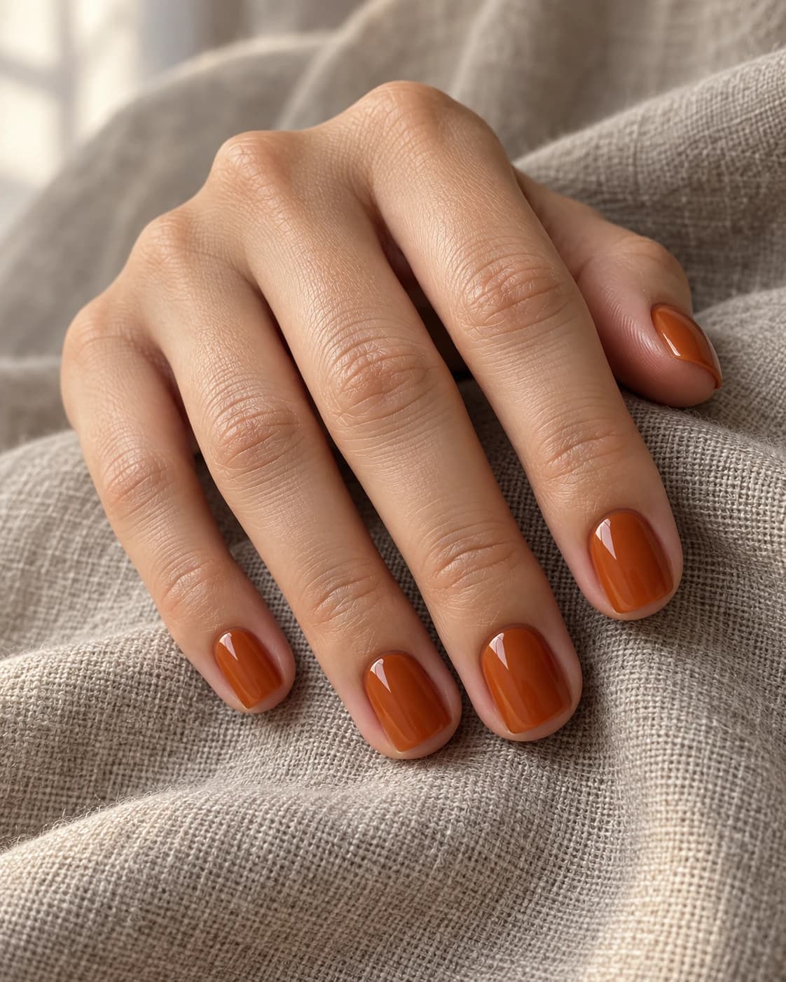Uñas almendradas en cobre canela con reflejo magnético dorado diagonal, sobre una mano adulta de piel oliva media.
