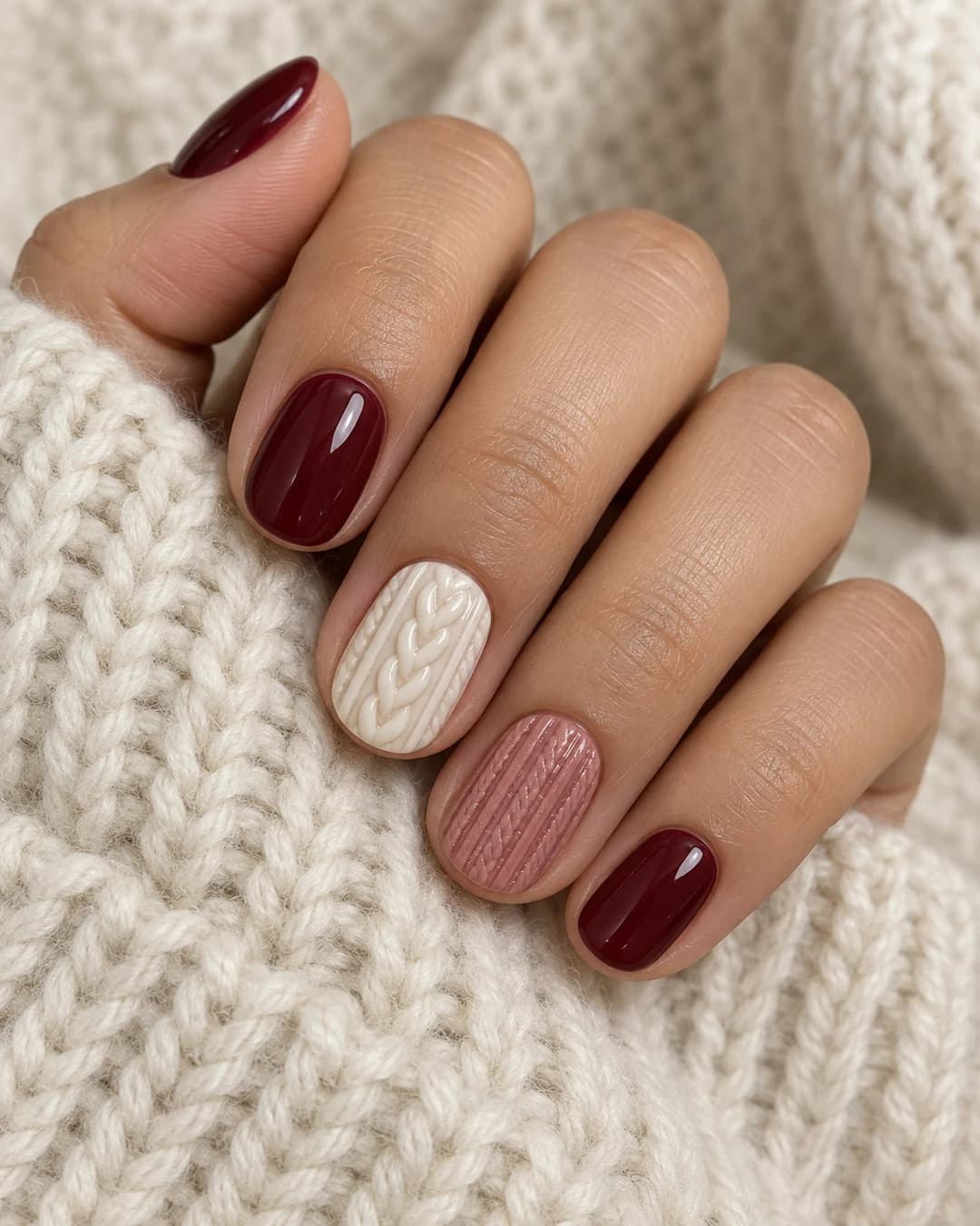 Mano adulta de piel clara con cinco uñas cortas: arándano brillante, un cable marfil en relieve y canalé rosa.