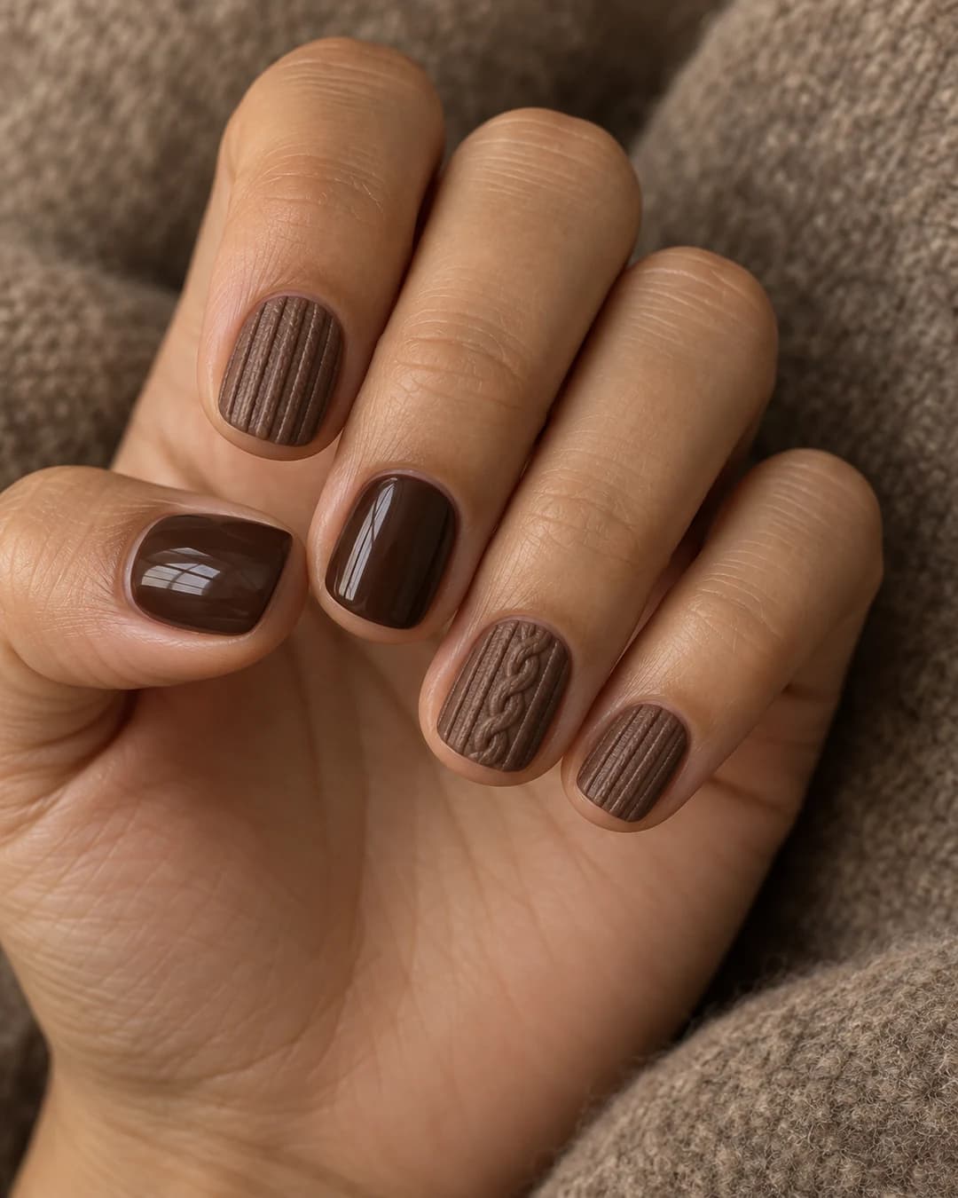 Mano adulta de piel oliva con cinco uñas squoval cortas en cacao; tres tienen canalé o un cable en relieve.