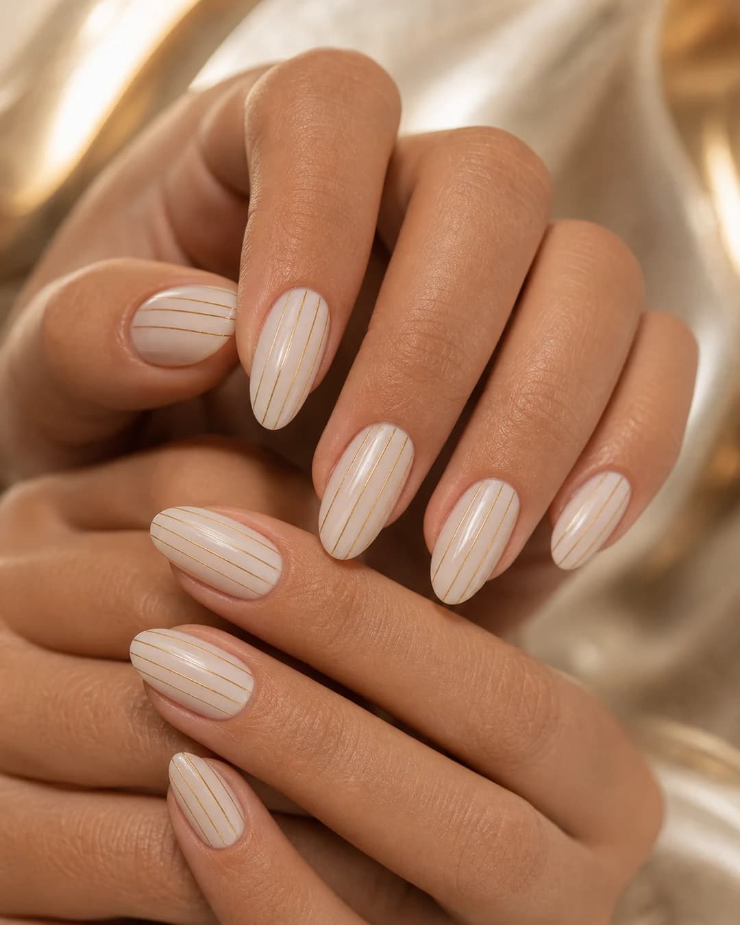 Uñas con rayas doradas paralelas finas sobre milky base elegante