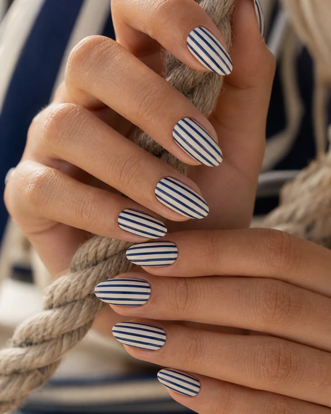 Uñas con rayas verticales navy y crema estilo marinero