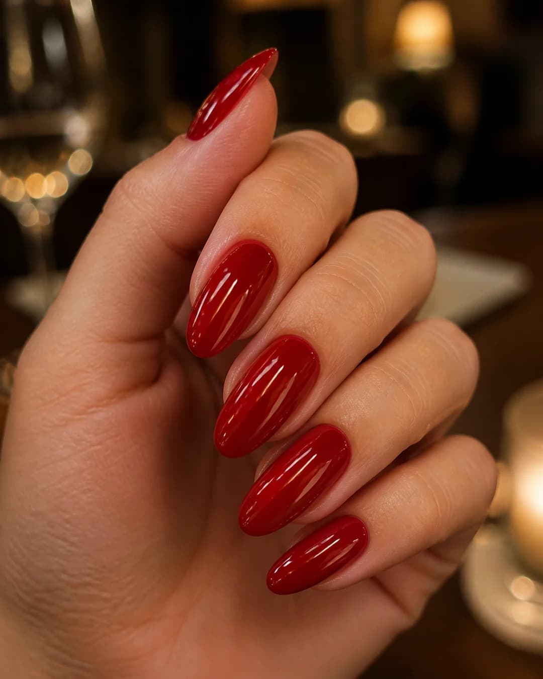 Uñas largas almendradas en rojo glass cristalino para evento