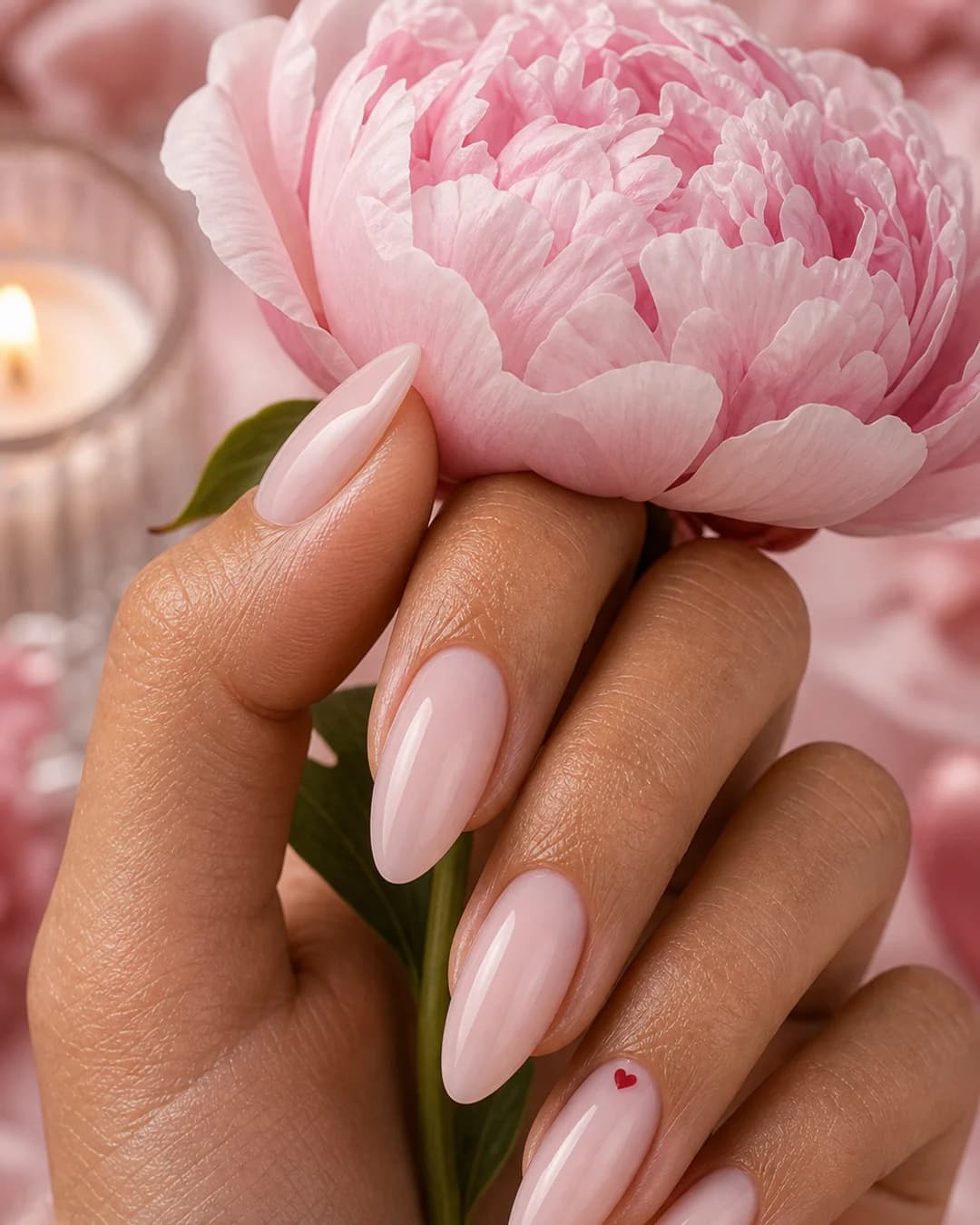 Uñas blush rosa palo con micro corazón rojo en el anular