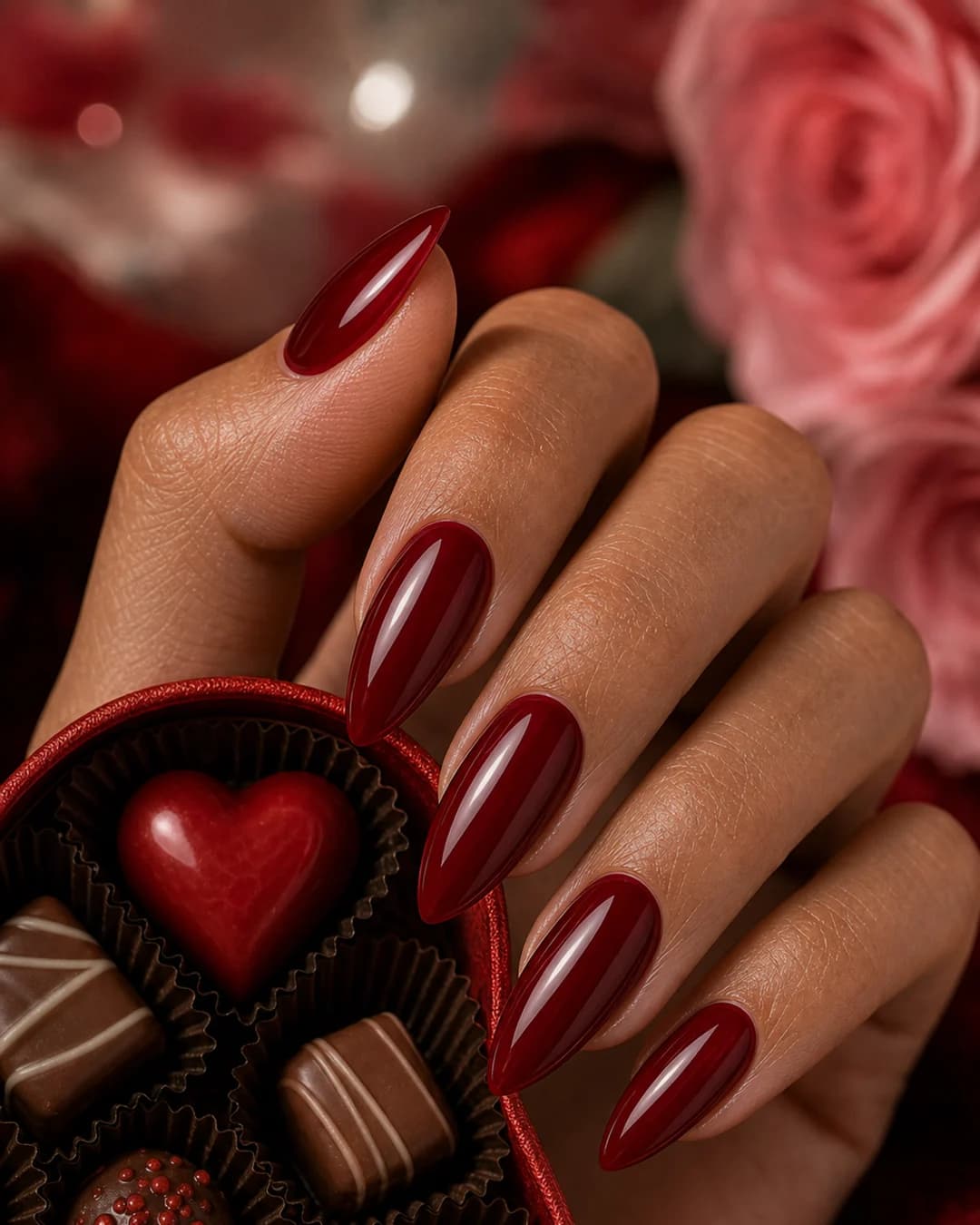 Uñas en rojo cereza clásico glass cristalino para San Valentín