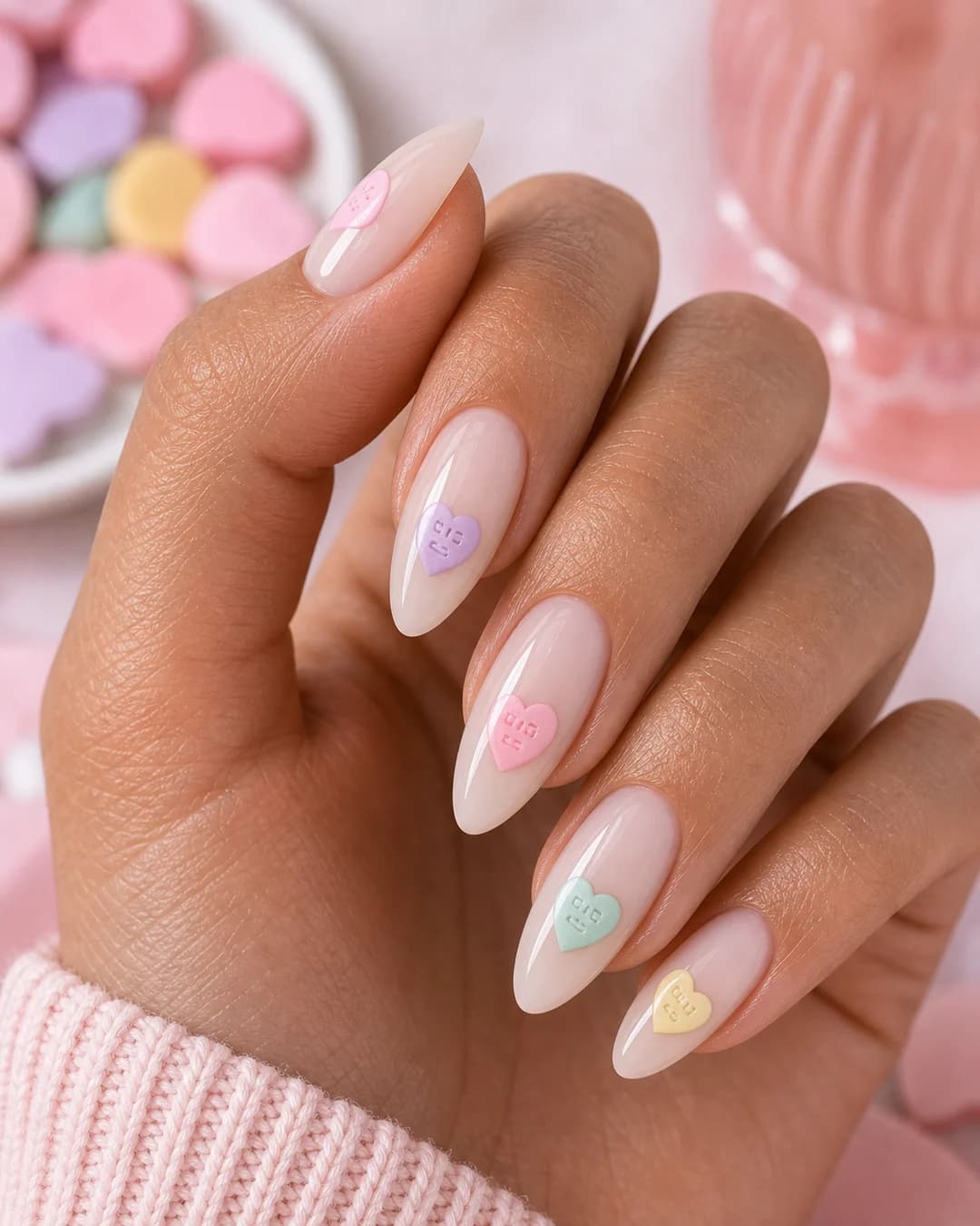 Uñas lechosas con conversation hearts pastel pintados estilo candy hearts
