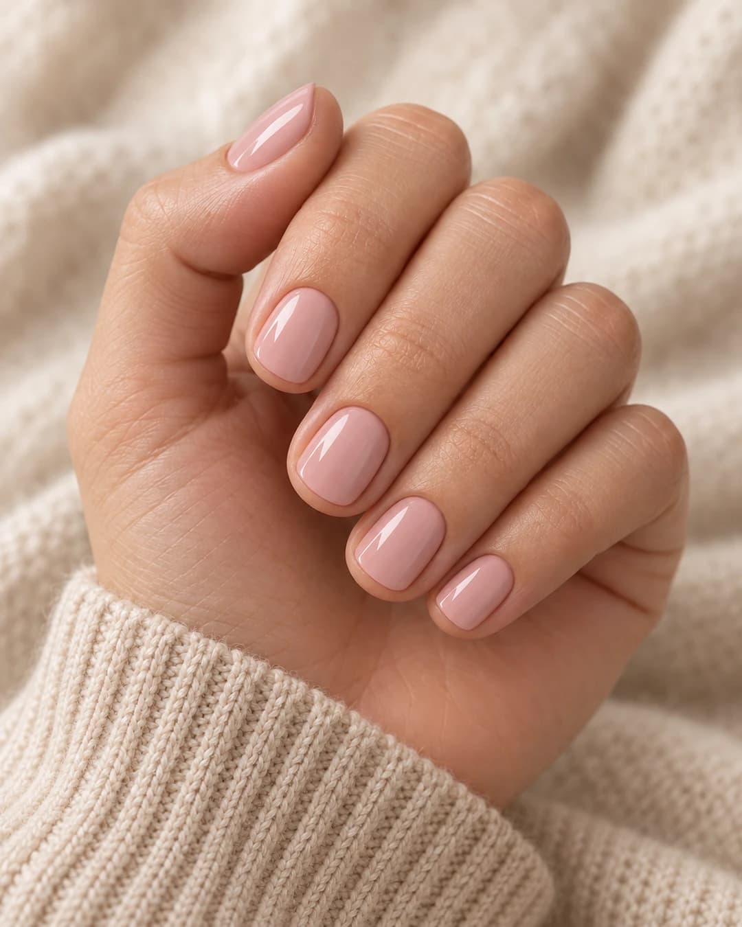 Cinco uñas cortas squoval en rosa lechoso opaco con brillo suave sobre piel clara y tejido crema.