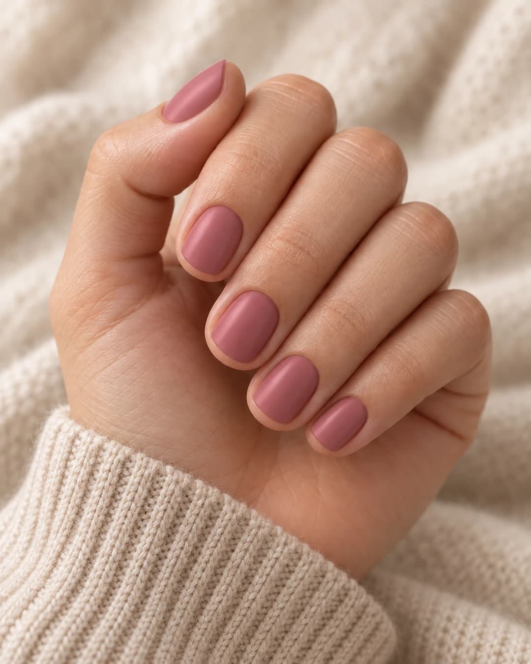 Cinco uñas cortas squoval en rosa palo con reflejo satinado y difuso sobre piel clara y tejido crema.
