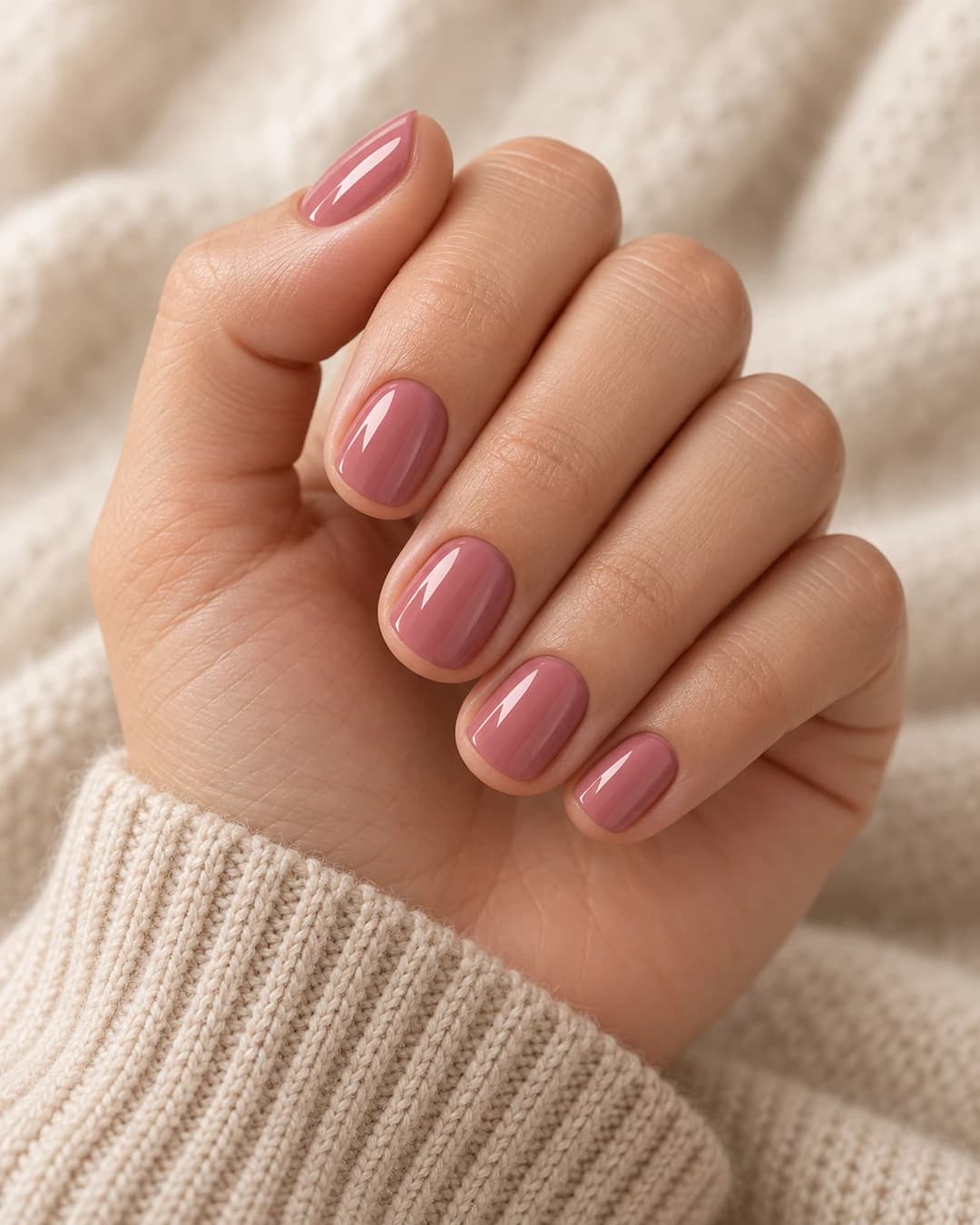 Cinco uñas cortas cuadradas suaves en rosa palo brillante, con las cinco puntas visibles sobre piel clara y tejido de punto crema.