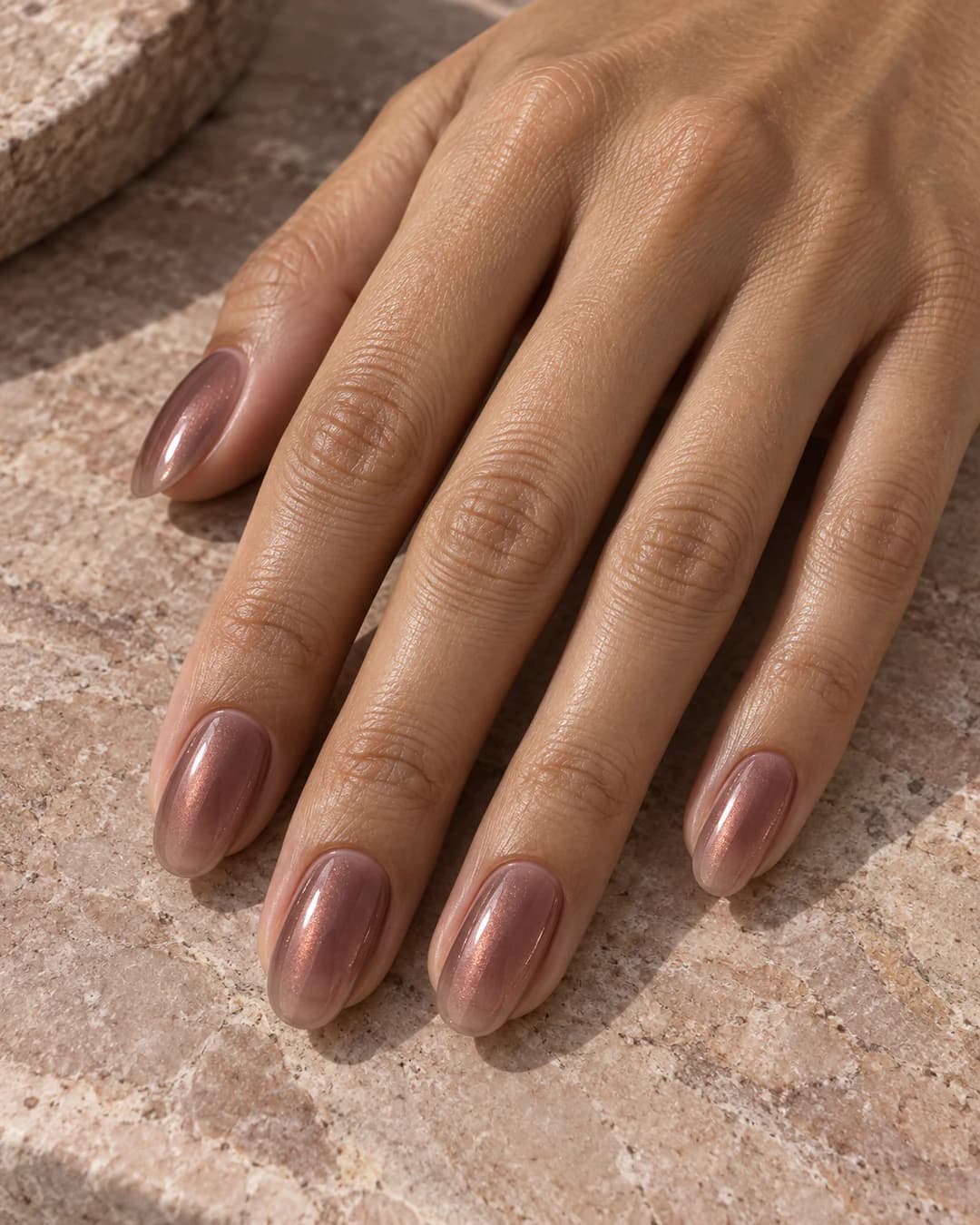 Mano de piel oliva clara con uñas ovaladas cortas en rosa topo translúcido con reflejo cobrizo y brillo alto.